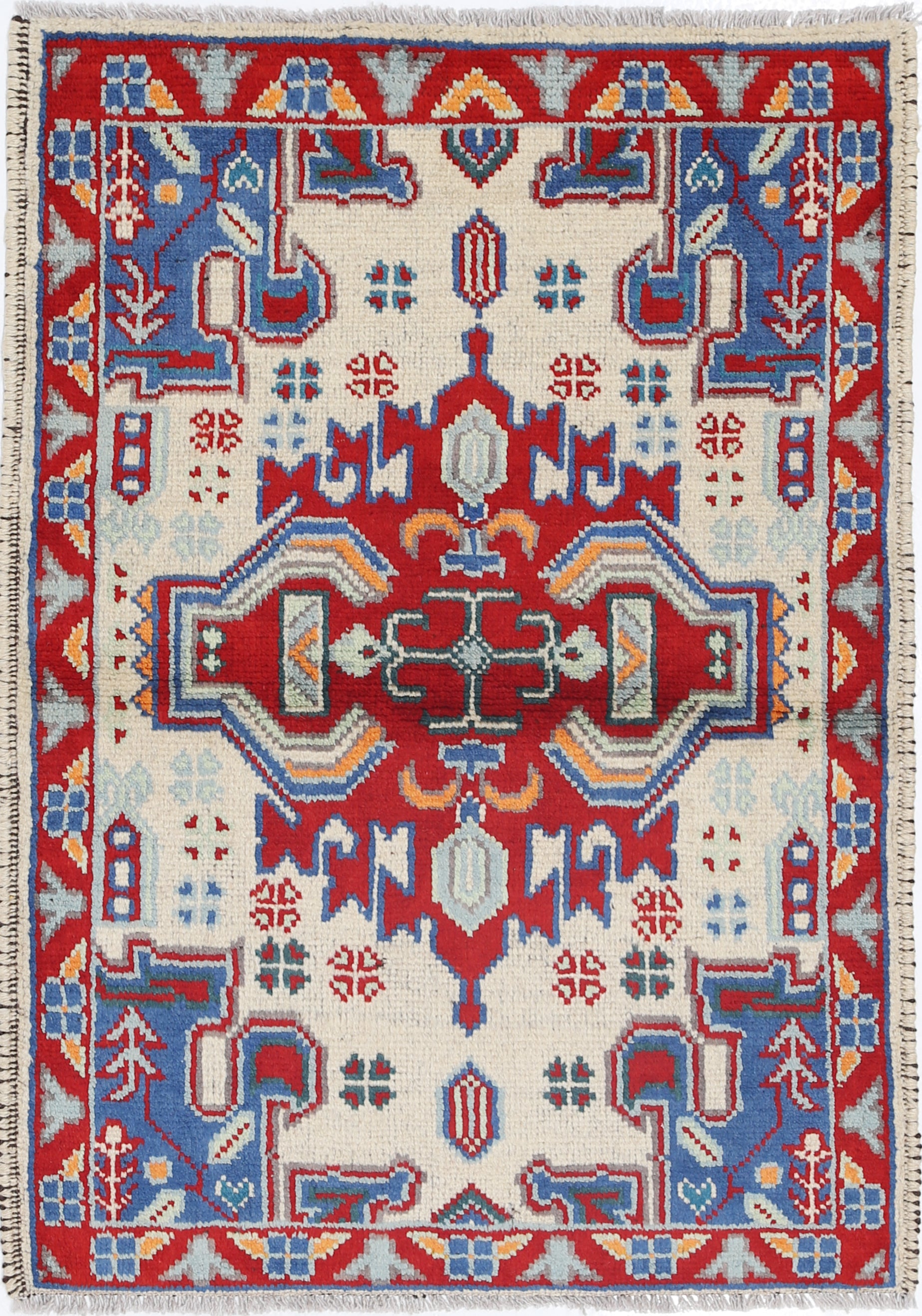 Ivory Hand-Knotted Tribal Geometric Wool Rug - 2'9" x 3'11"