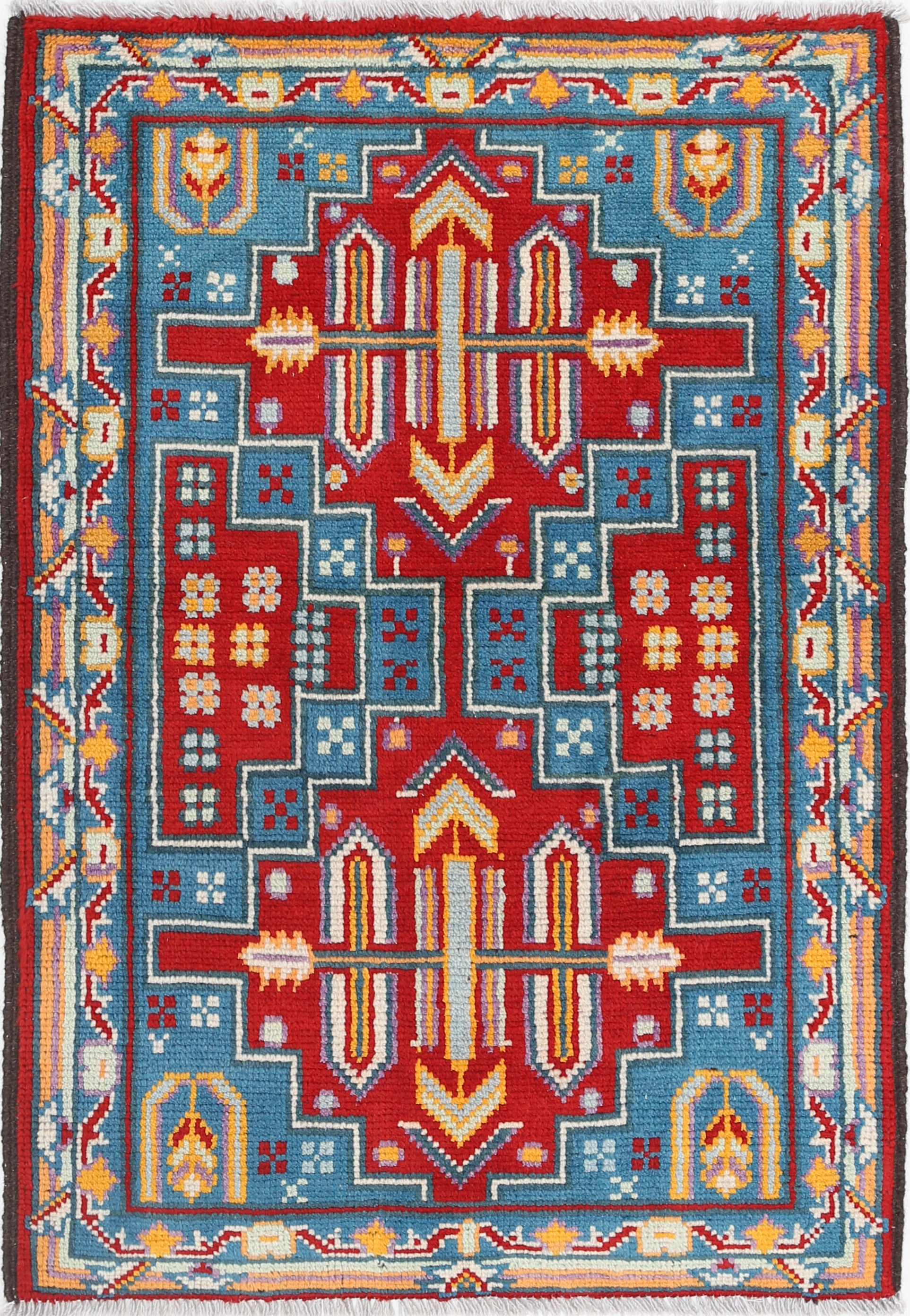 Teal Hand-Knotted Tribal Geometric Wool Rug - 2'8" x 4'0"
