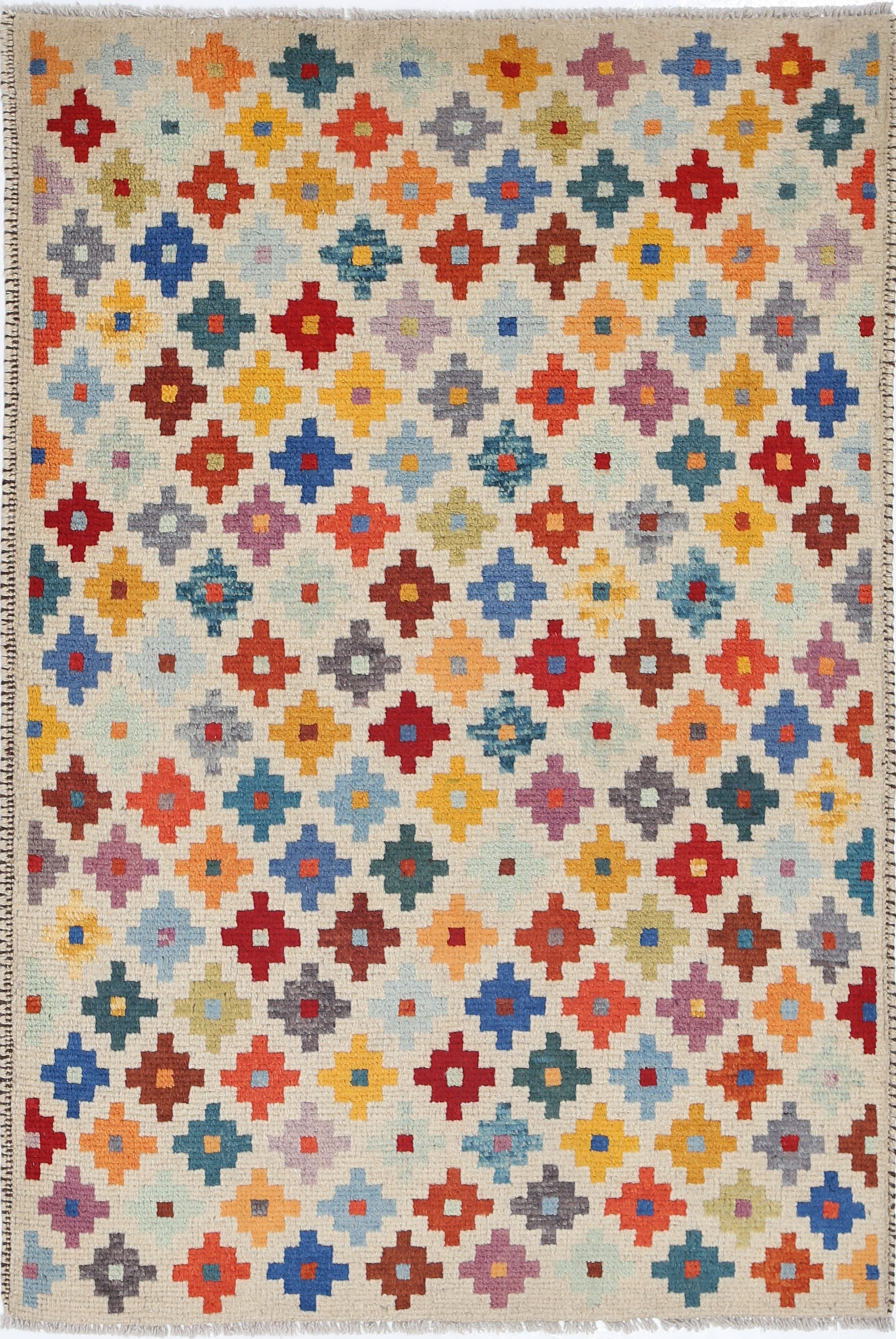 Ivory Hand-Knotted Tribal Geometric Wool Rug - 2'9" x 4'1"