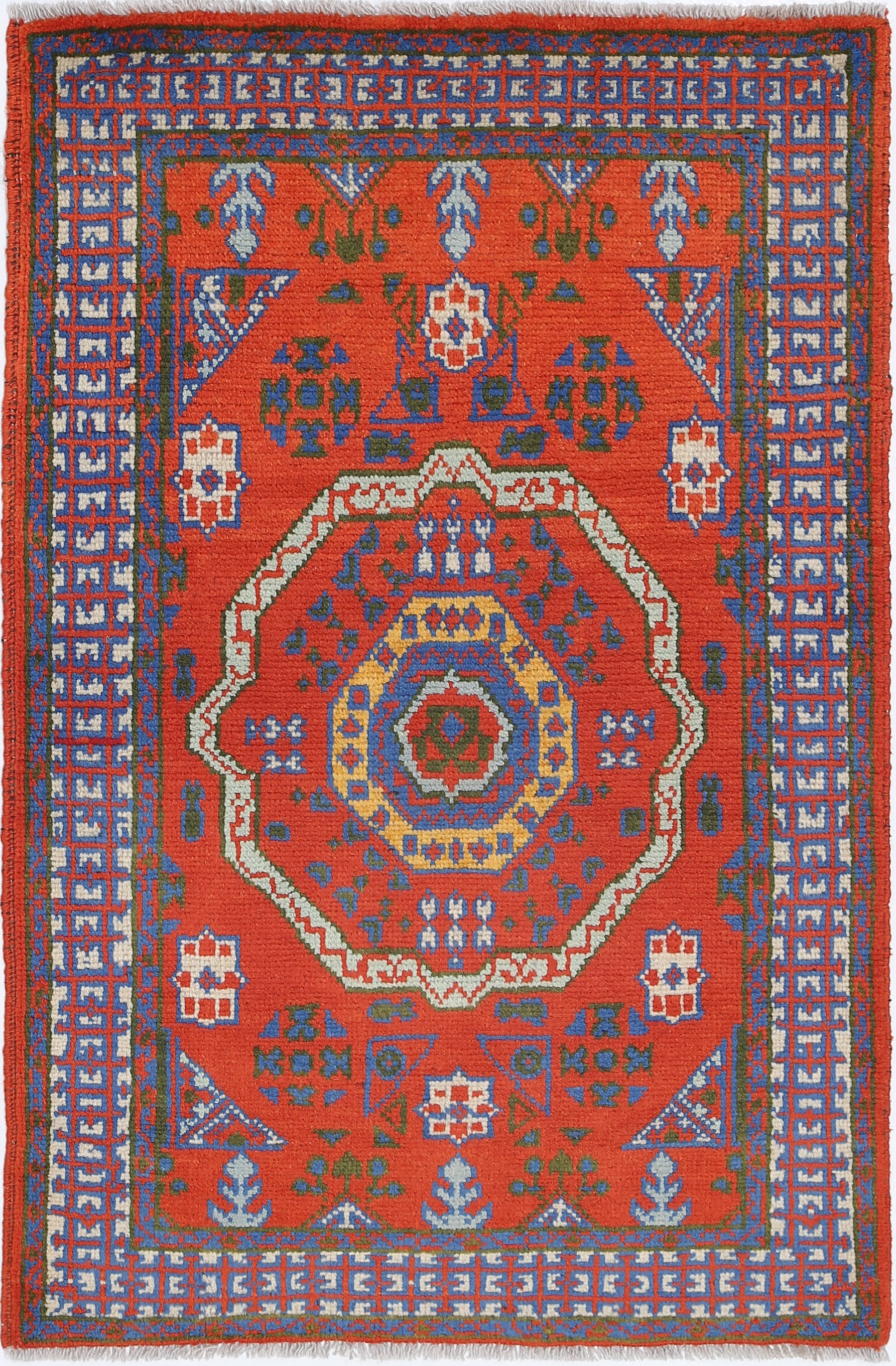 Red Hand-Knotted Tribal Geometric Wool Rug - 2'9" x 4'1"