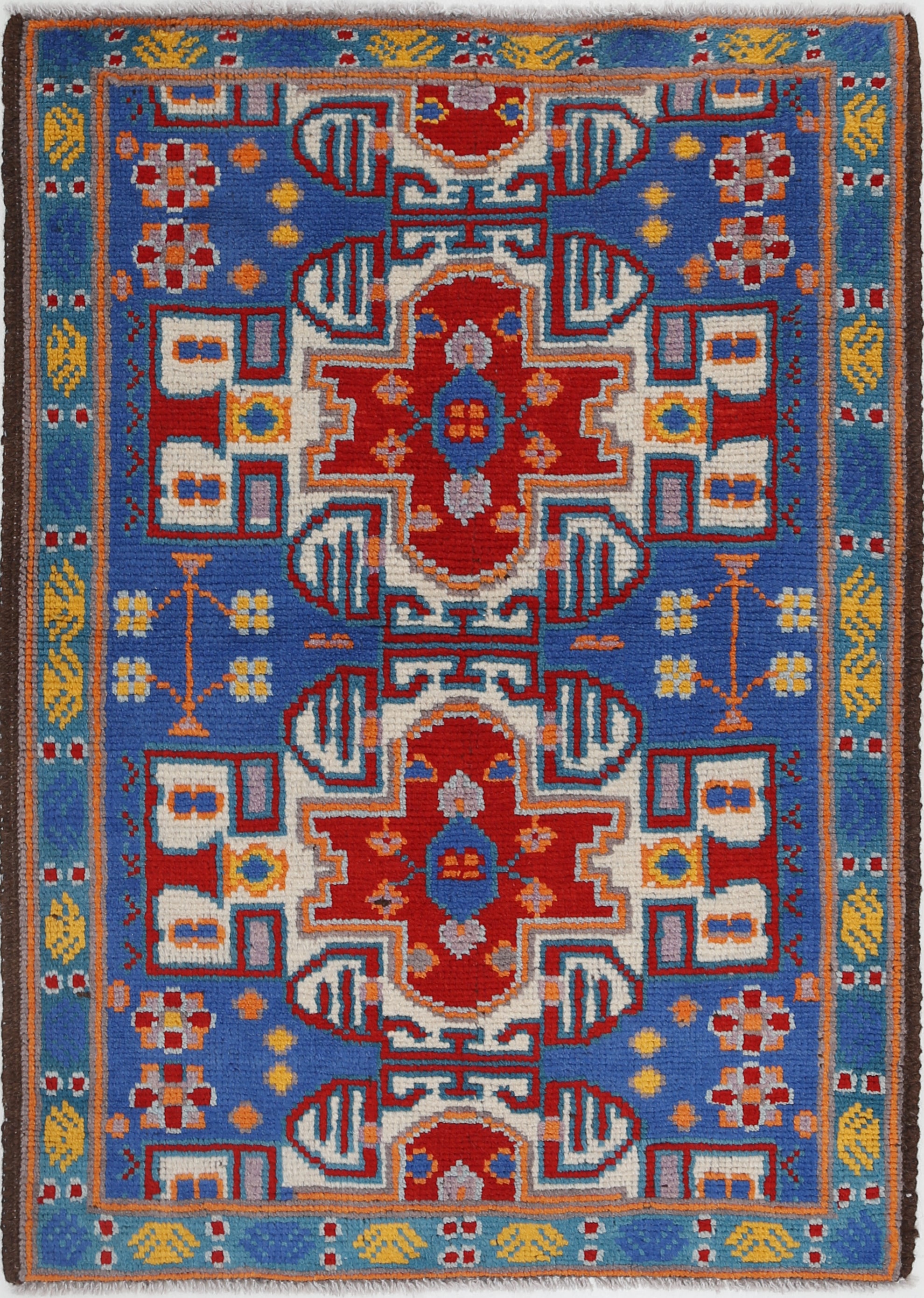 Blue Hand-Knotted Tribal Geometric Wool Rug - 2'9" x 4'0"