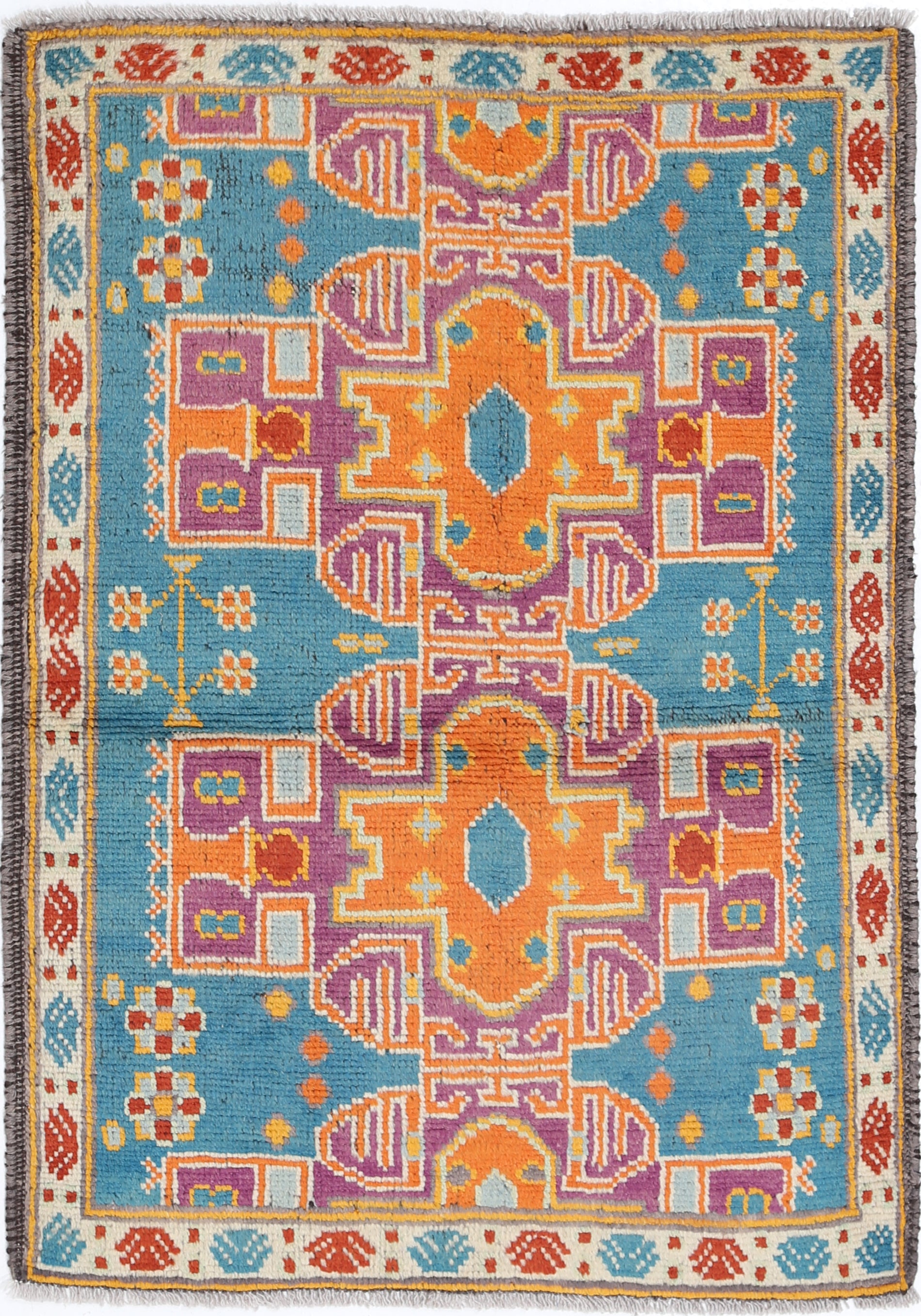 Teal Hand-Knotted Tribal Geometric Wool Rug - 2'10" x 4'1"