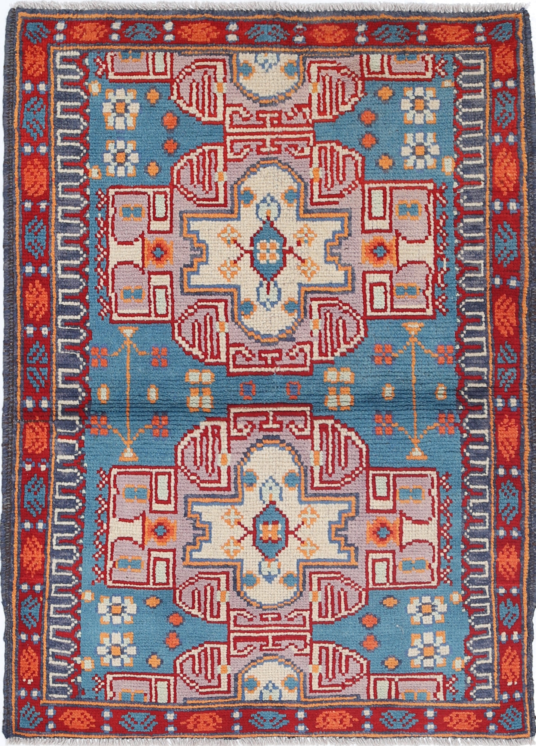 Blue Hand-Knotted Tribal Geometric Wool Rug - 2'8" x 3'10"