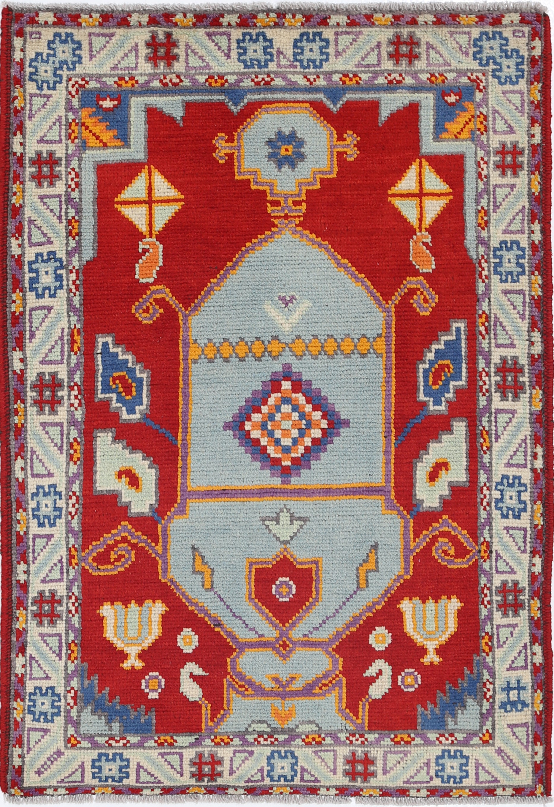 Red Hand-Knotted Tribal Geometric Wool Rug - 2'9" x 4'1"