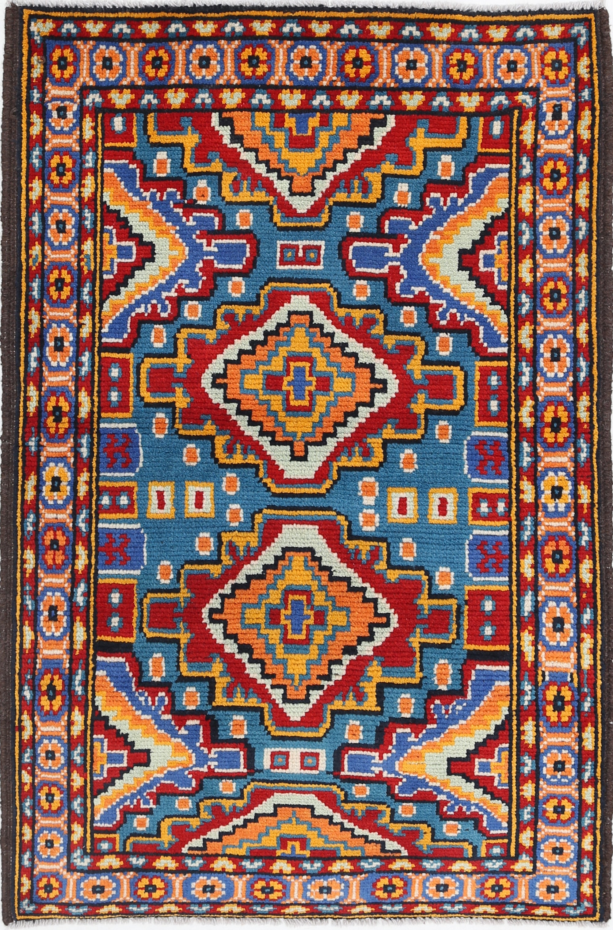 Teal Hand-Knotted Tribal Geometric Wool Rug - 2'8" x 4'3"
