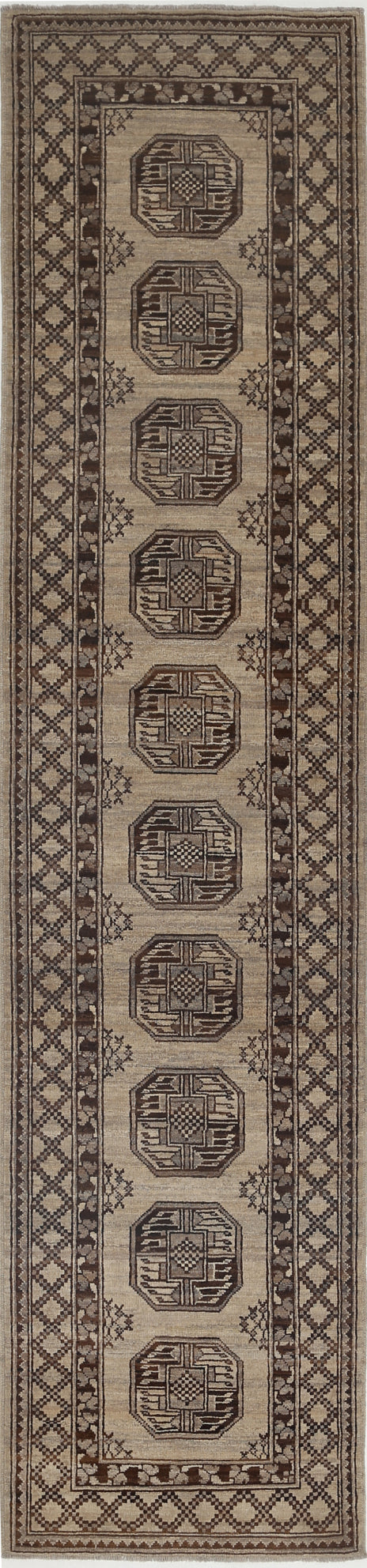 Ivory Hand-Knotted Afghan Tribal Geometric Wool Rug - 2'11" x 12'7"