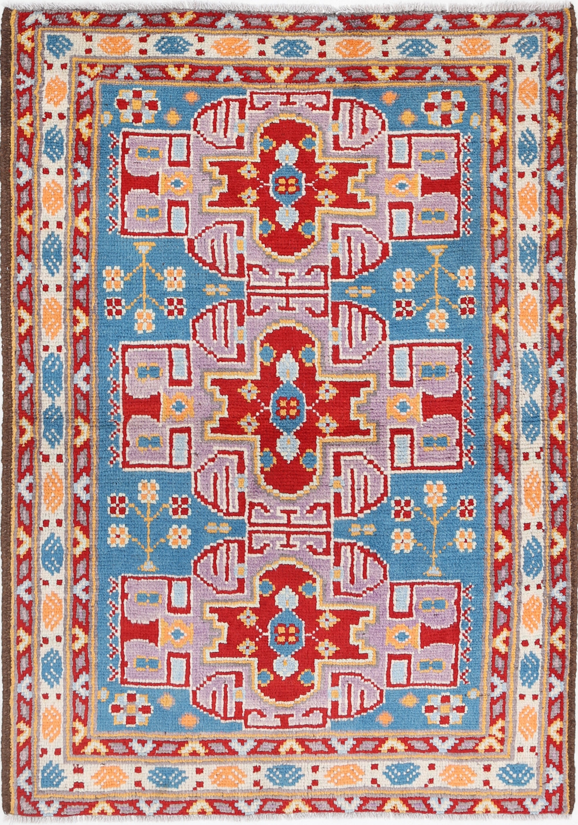 Blue Hand-Knotted Tribal Geometric Wool Rug - 3'3" x 4'10"