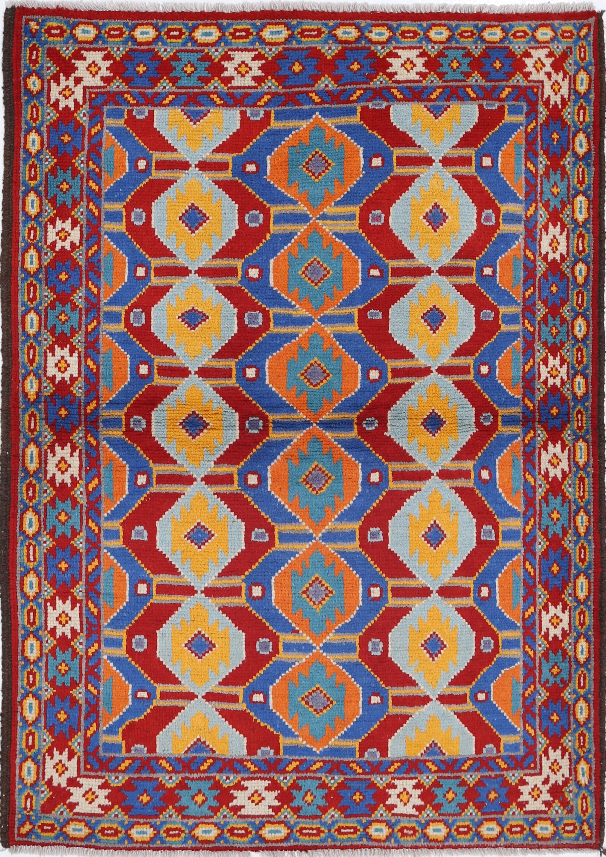 Red Hand-Knotted Tribal Geometric Wool Rug - 3'5" x 4'10"