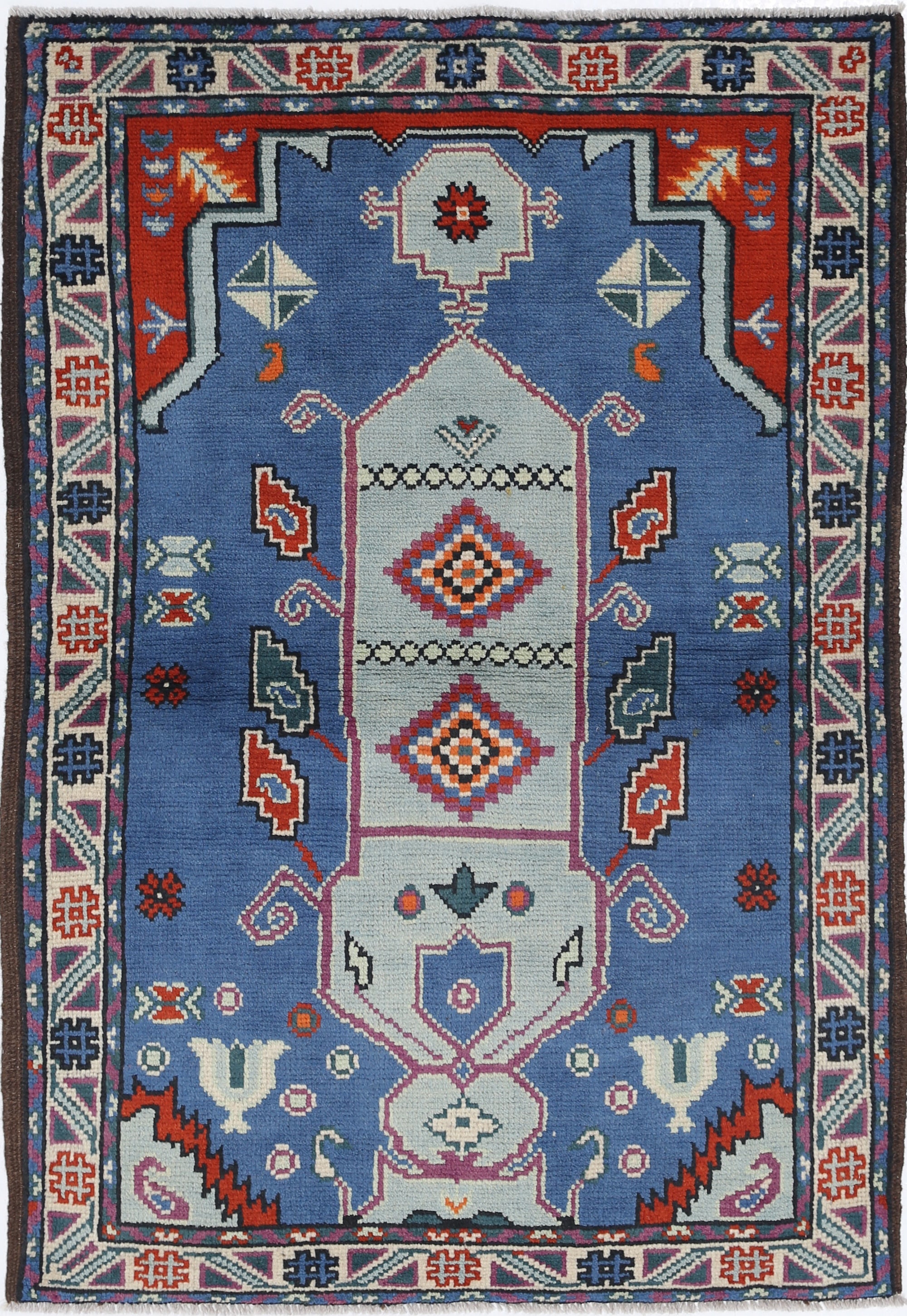 Blue Hand-Knotted Tribal Geometric Wool Rug - 3'4" x 4'11"