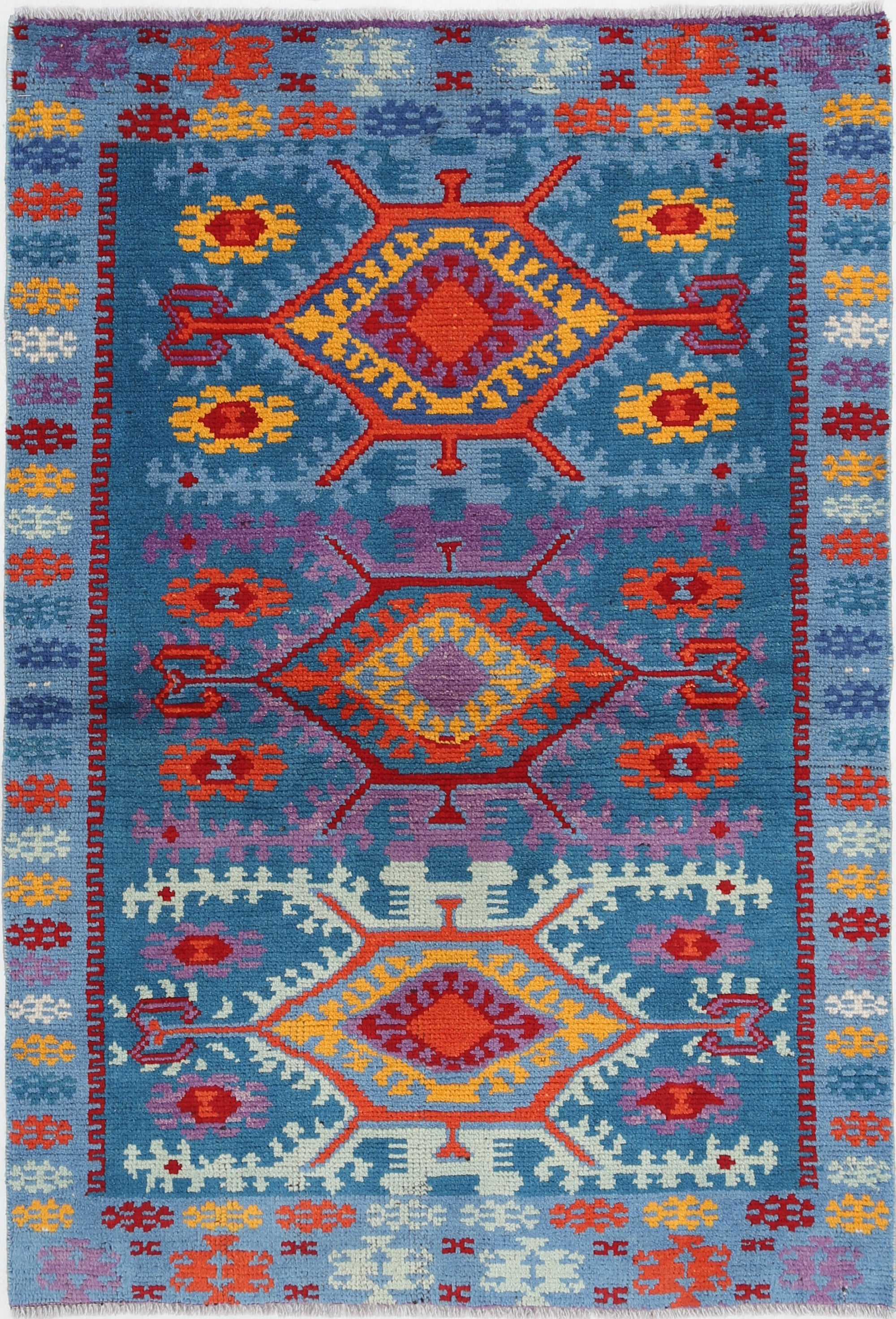 Blue Hand-Knotted Tribal Geometric Wool Rug - 3'2" x 4'9"