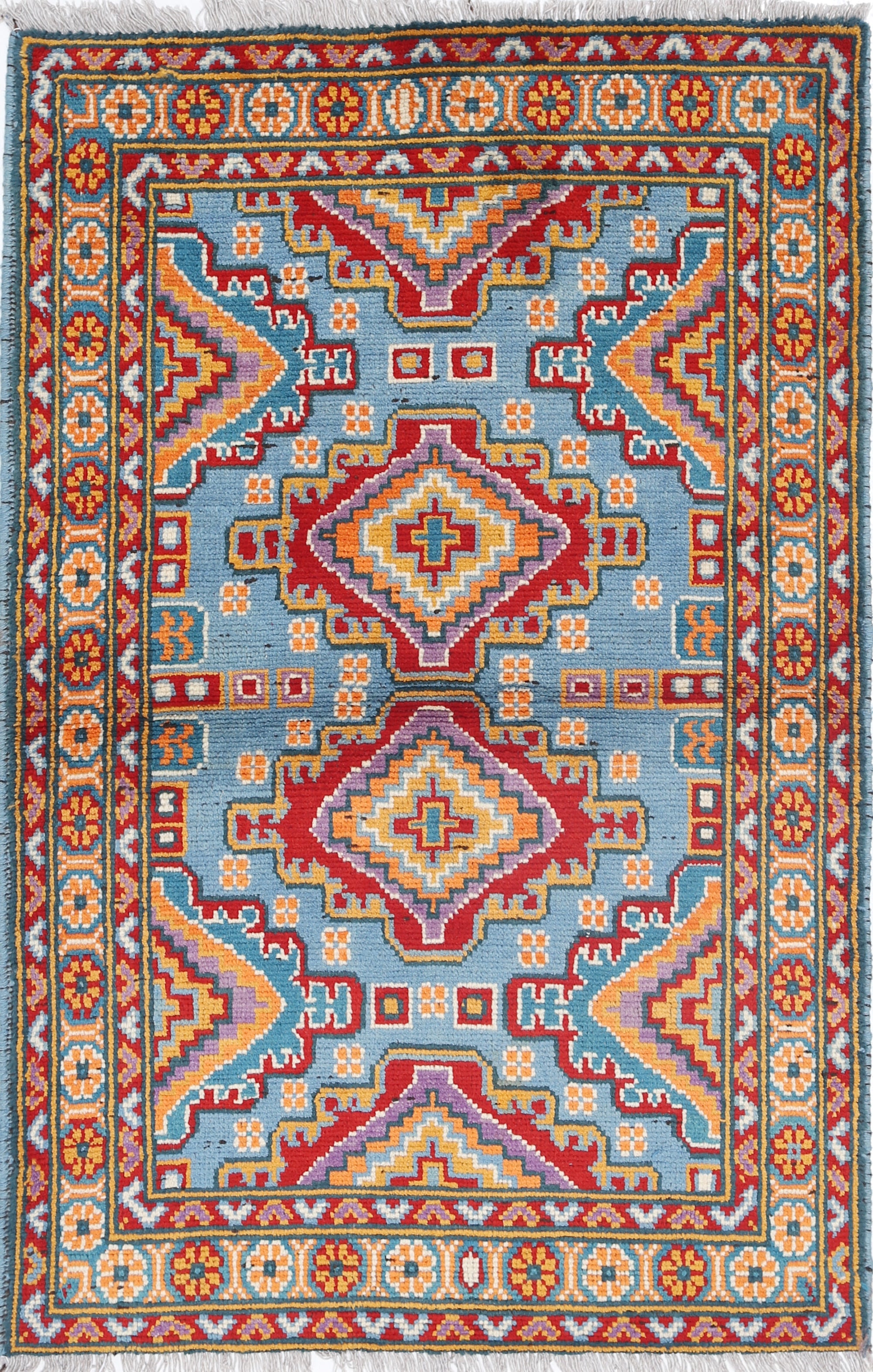 Blue Hand-Knotted Tribal Geometric Wool Rug - 3'3" x 5'2"