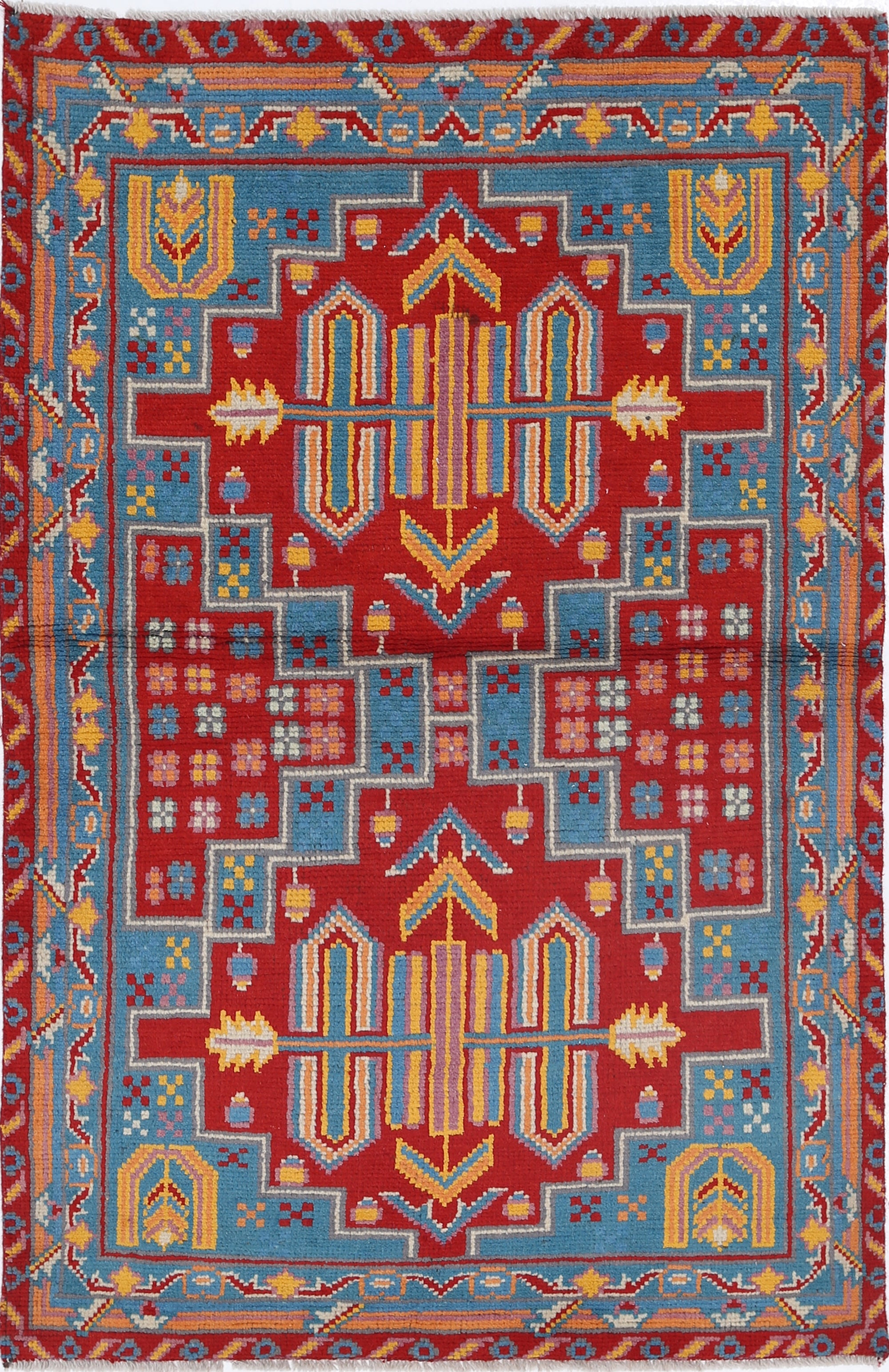 Red Hand-Knotted Tribal Geometric Wool Rug - 3'2" x 4'10"