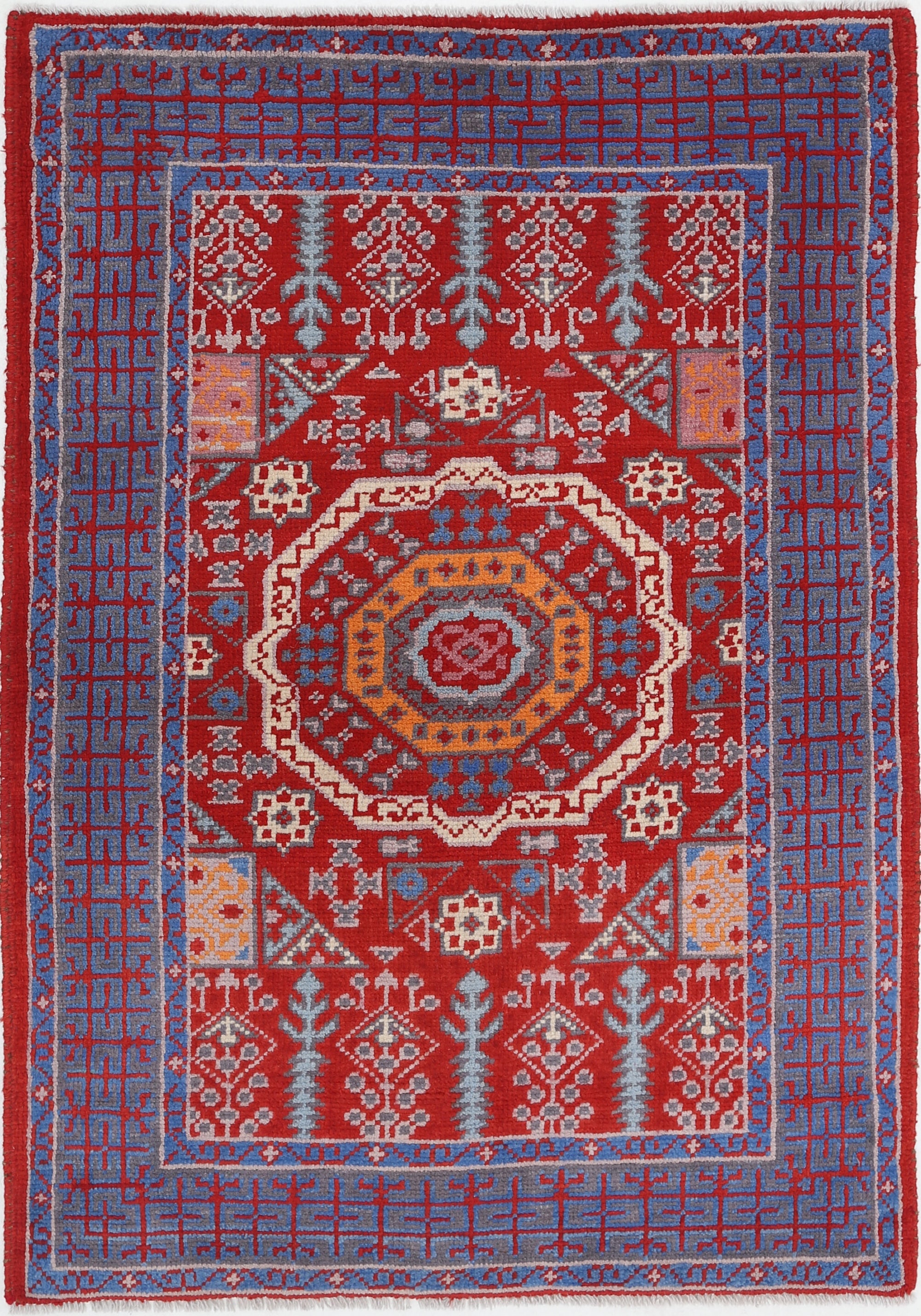 Red Hand-Knotted Tribal Geometric Wool Rug - 3'4" x 4'10"
