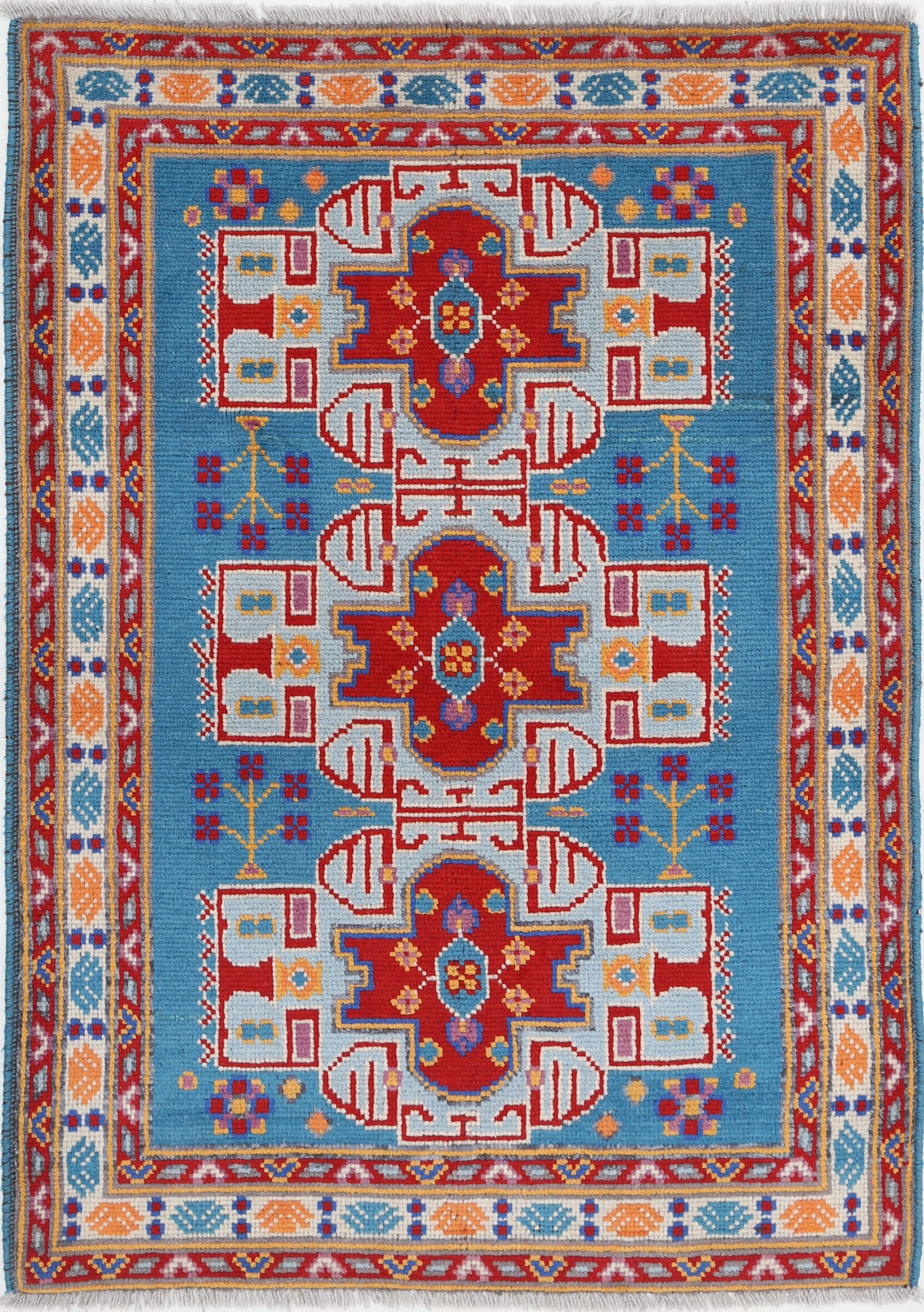 Blue Hand-Knotted Tribal Geometric Wool Rug - 3'5" x 4'11"