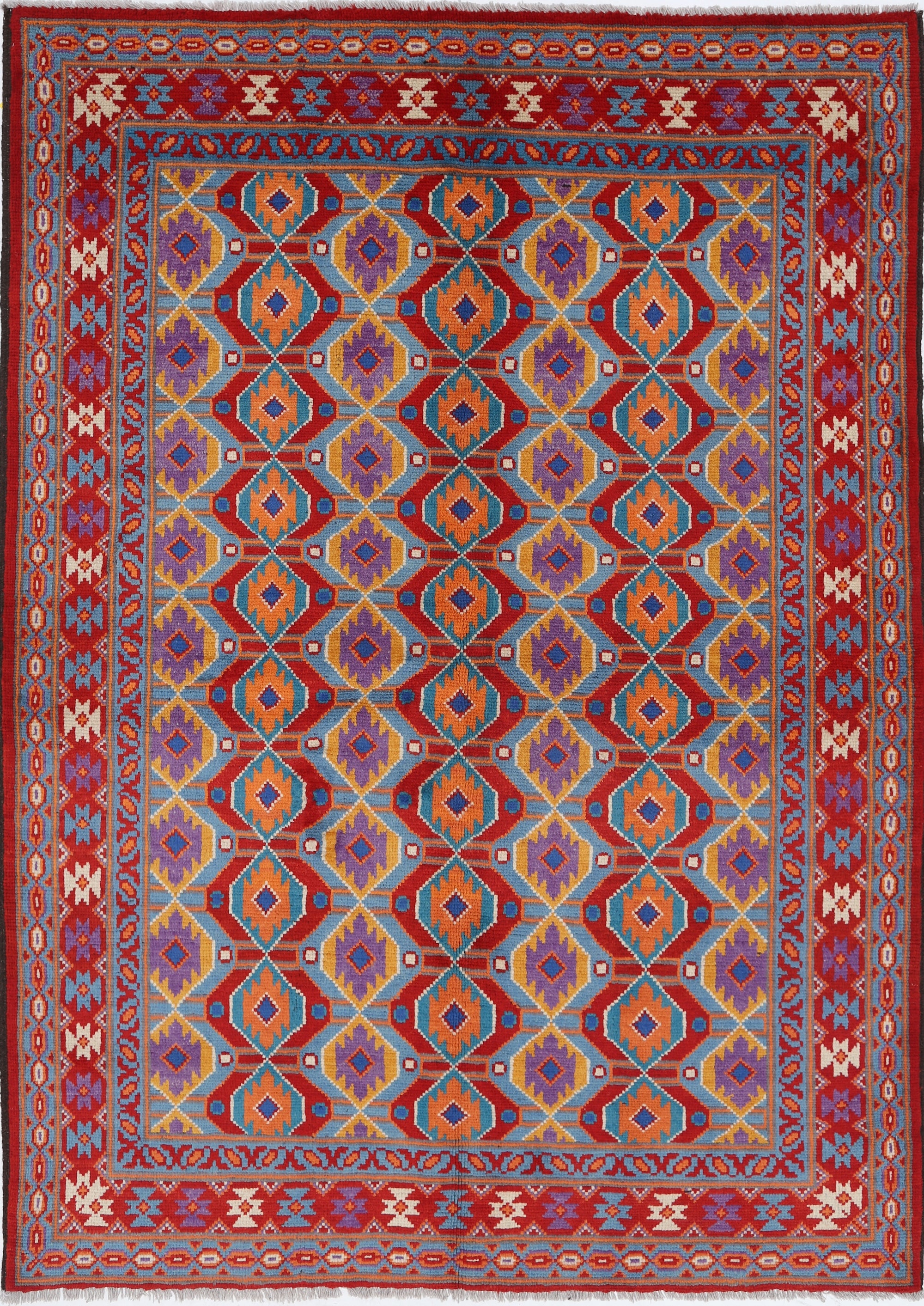 Blue Hand-Knotted Tribal Geometric Wool Rug - 5'7" x 8'0"