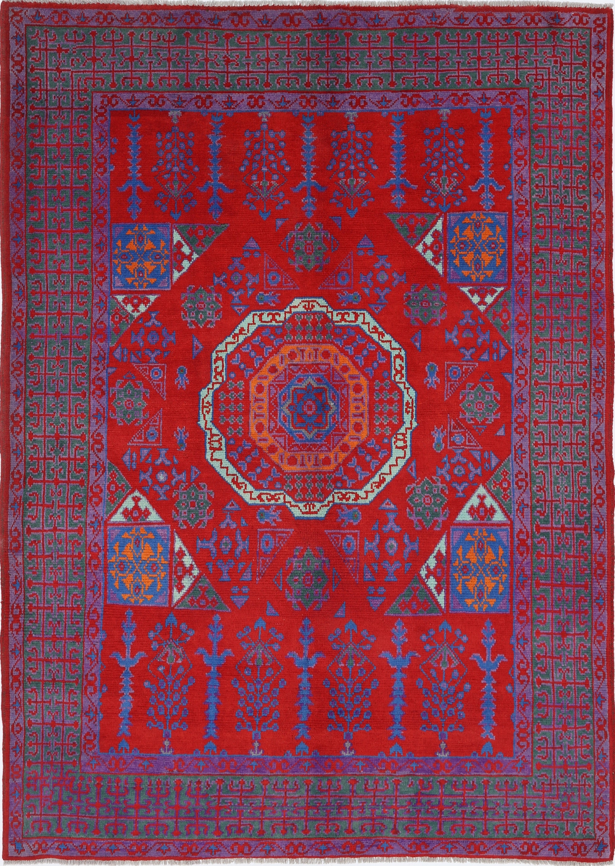 Red Hand-Knotted Tribal Geometric Wool Rug - 5'9" x 7'11"