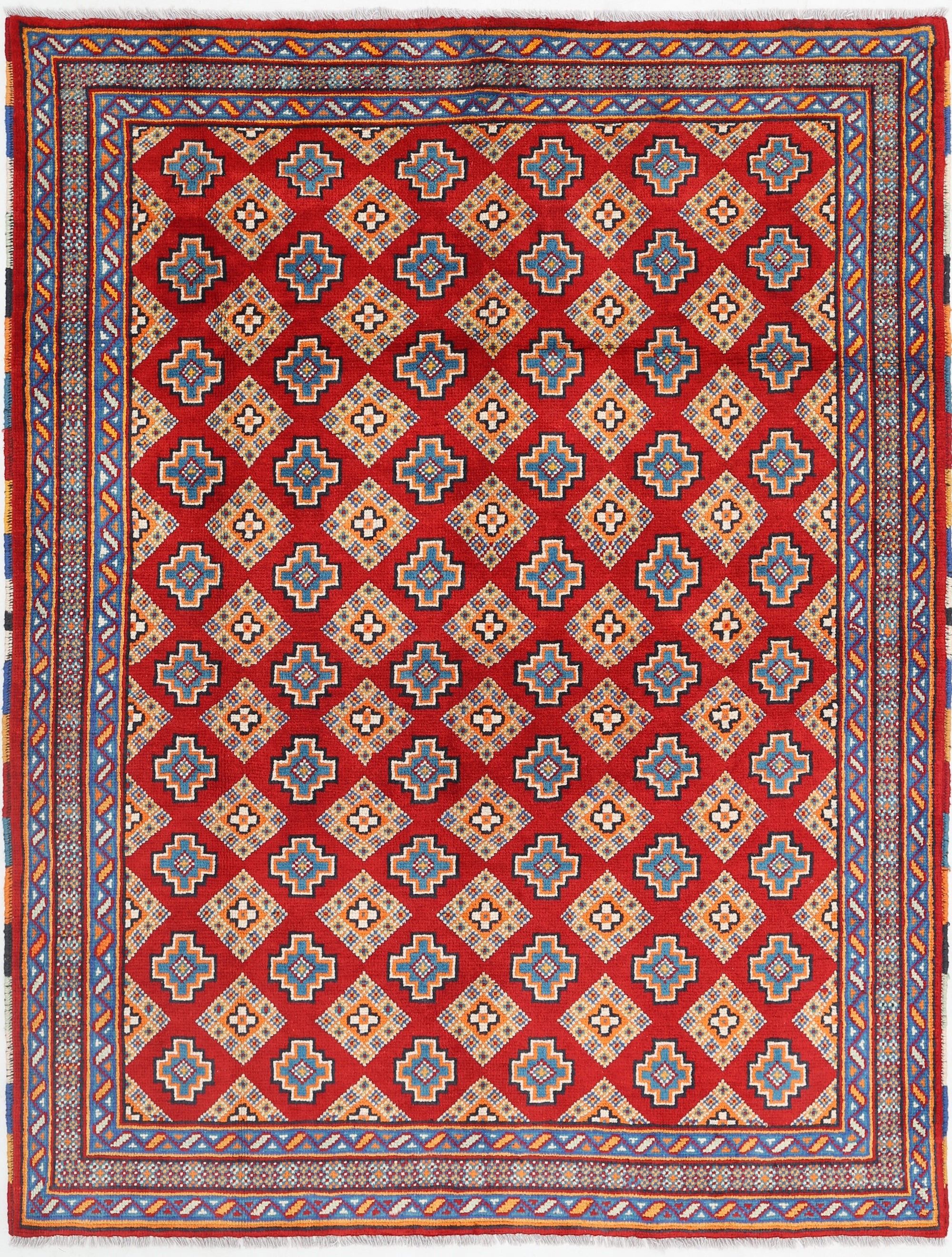 Red Hand-Knotted Tribal Geometric Wool Rug - 5'9" x 7'8"