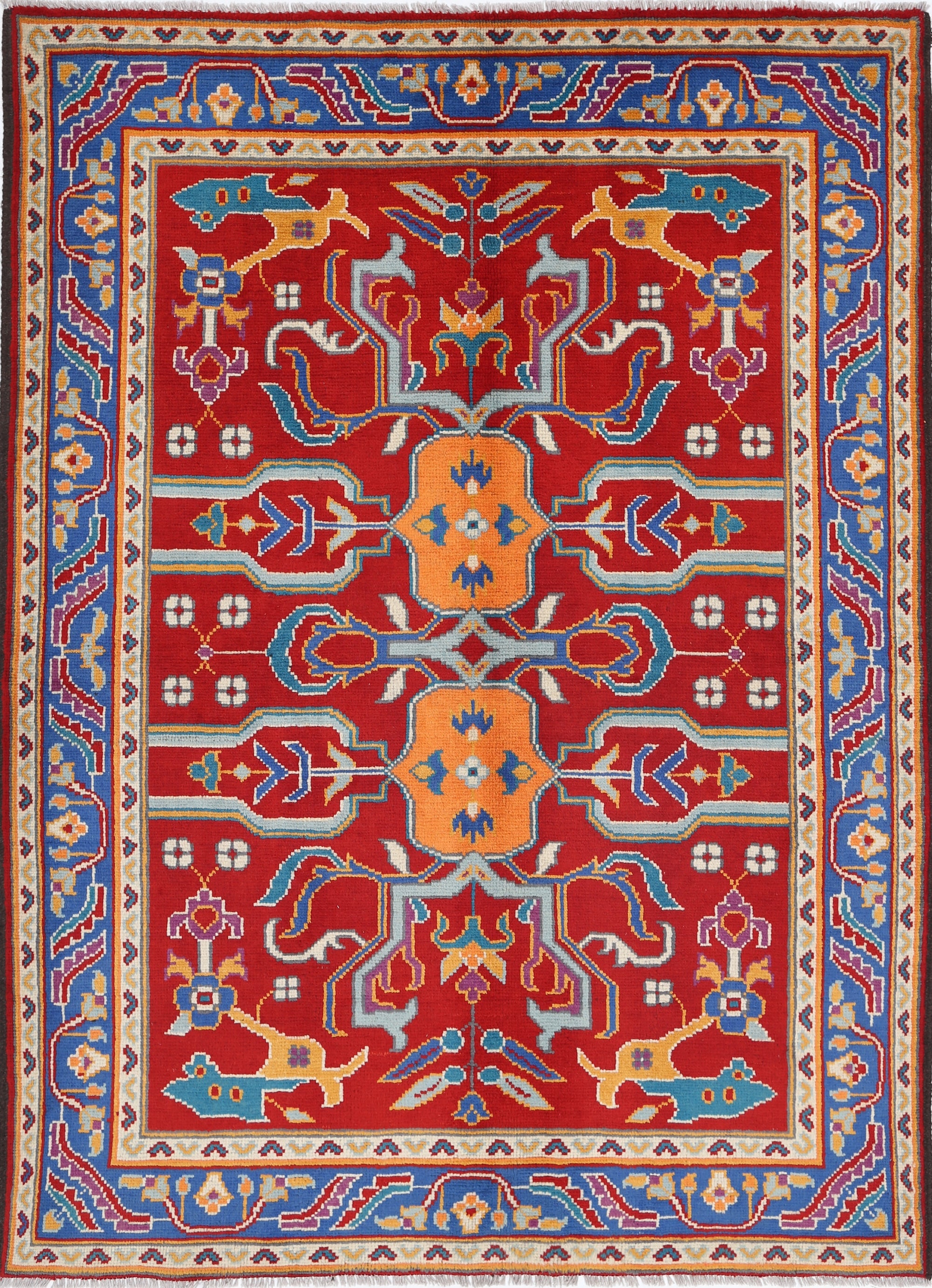 Red Hand-Knotted Tribal Geometric Wool Rug - 5'8" x 7'10"