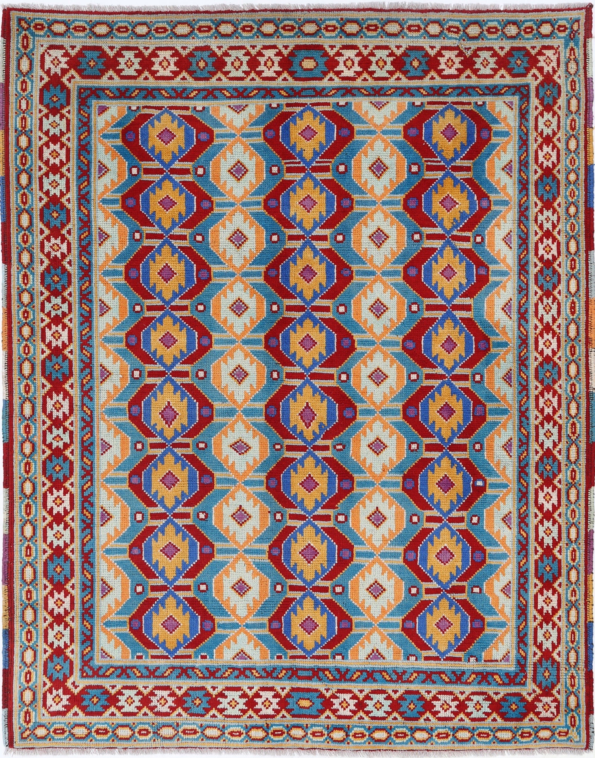 Red Hand-Knotted Tribal Geometric Wool Rug - 4'11" x 6'5"