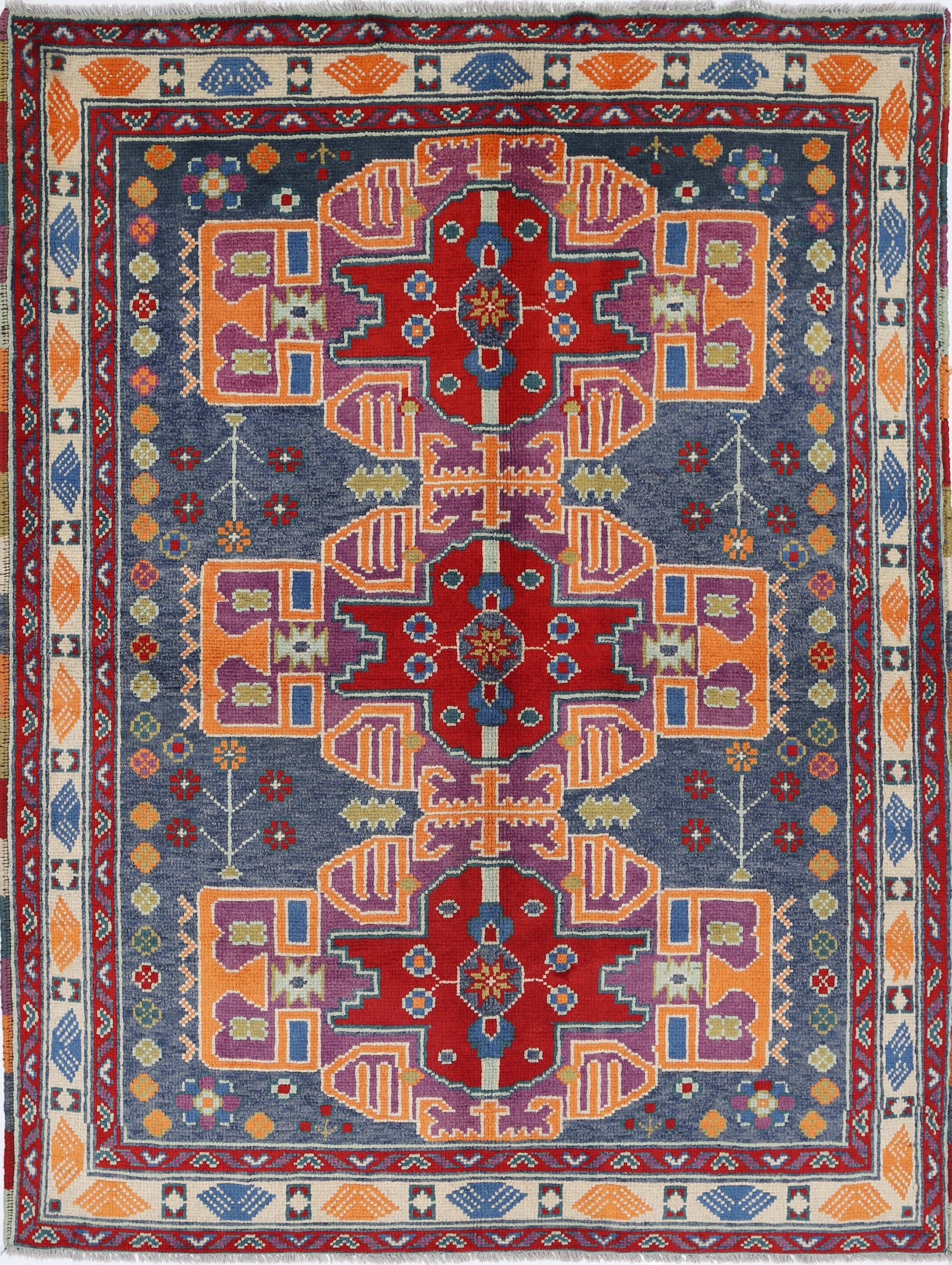 Grey Hand-Knotted Tribal Geometric Wool Rug - 4'10" x 6'5"