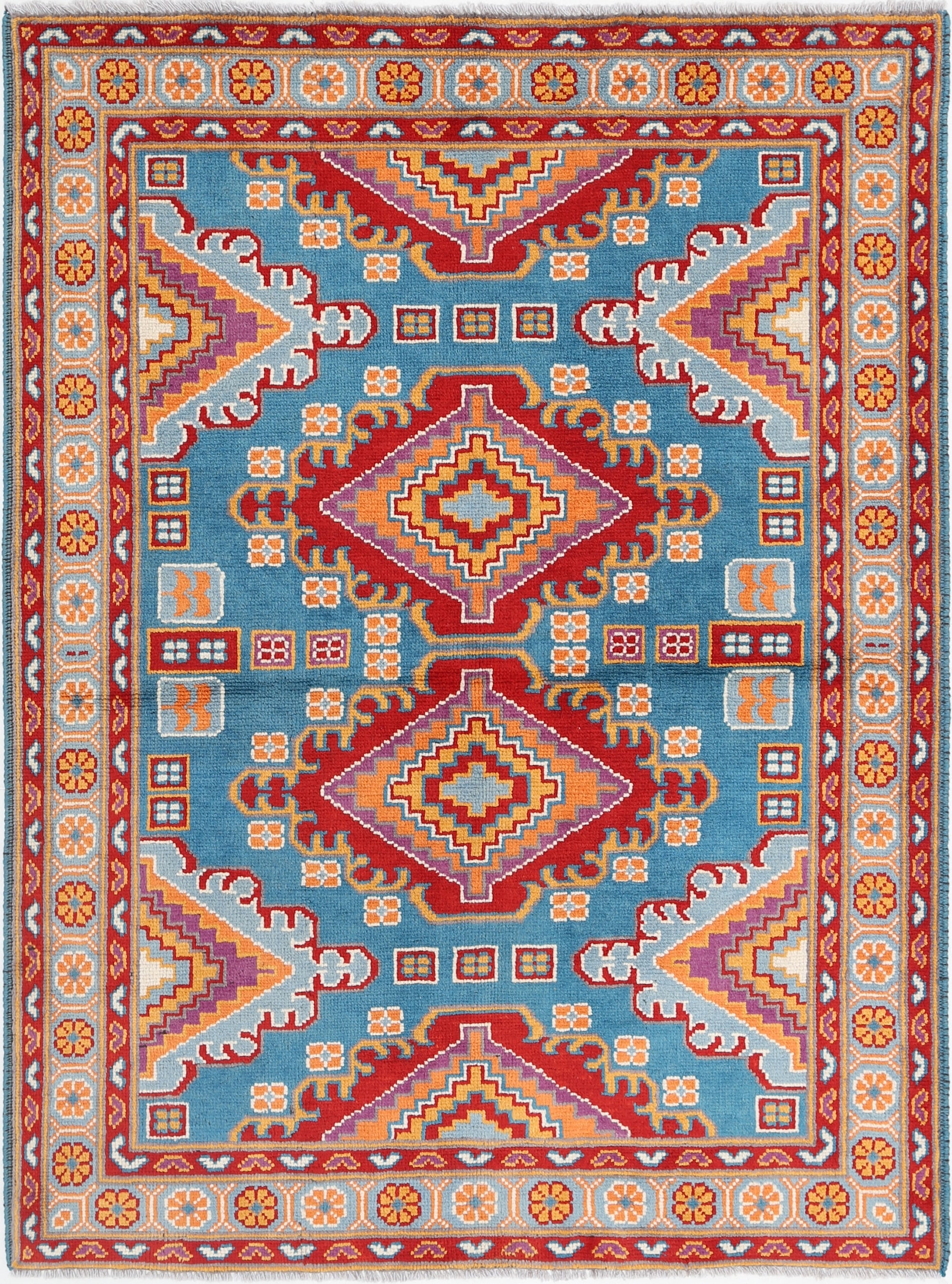 Teal Hand-Knotted Tribal Geometric Wool Rug - 4'10" x 6'7"