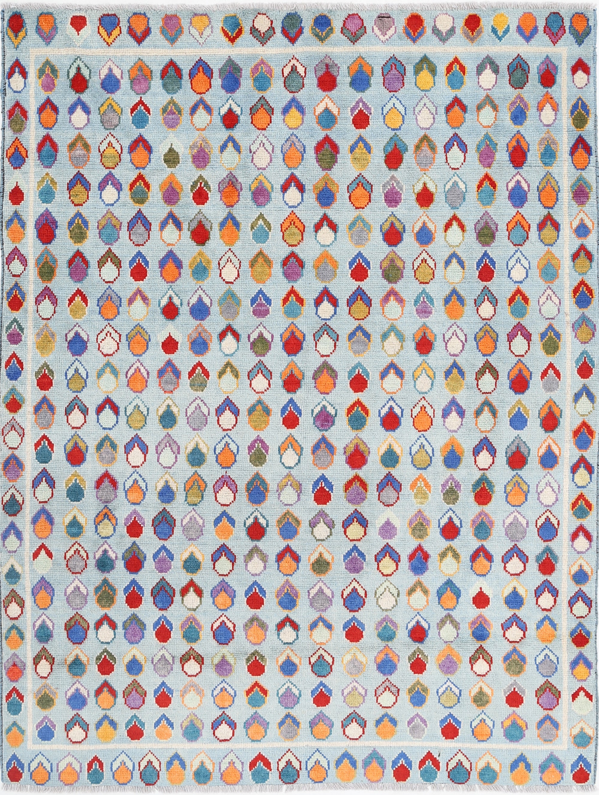 Blue Hand-Knotted Tribal Geometric Wool Rug - 5'0" x 6'5"