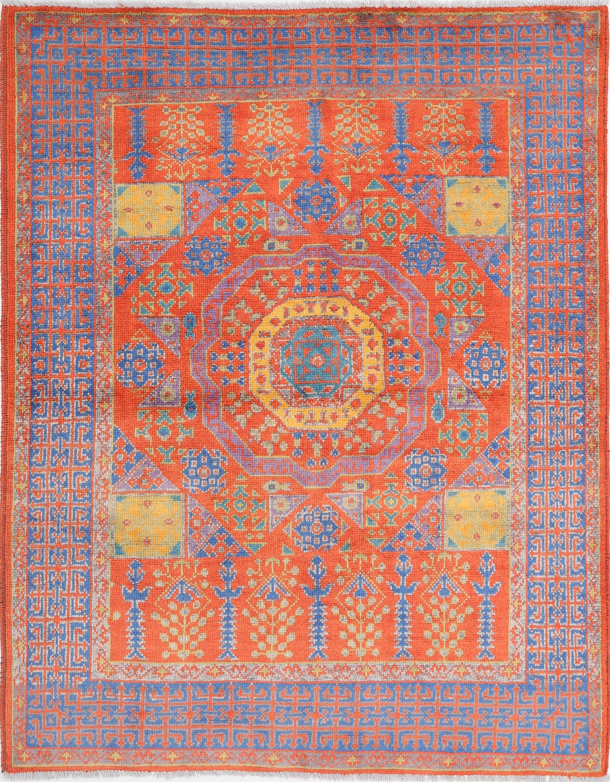 Rust Hand-Knotted Tribal Geometric Wool Rug - 4'11" x 6'5"