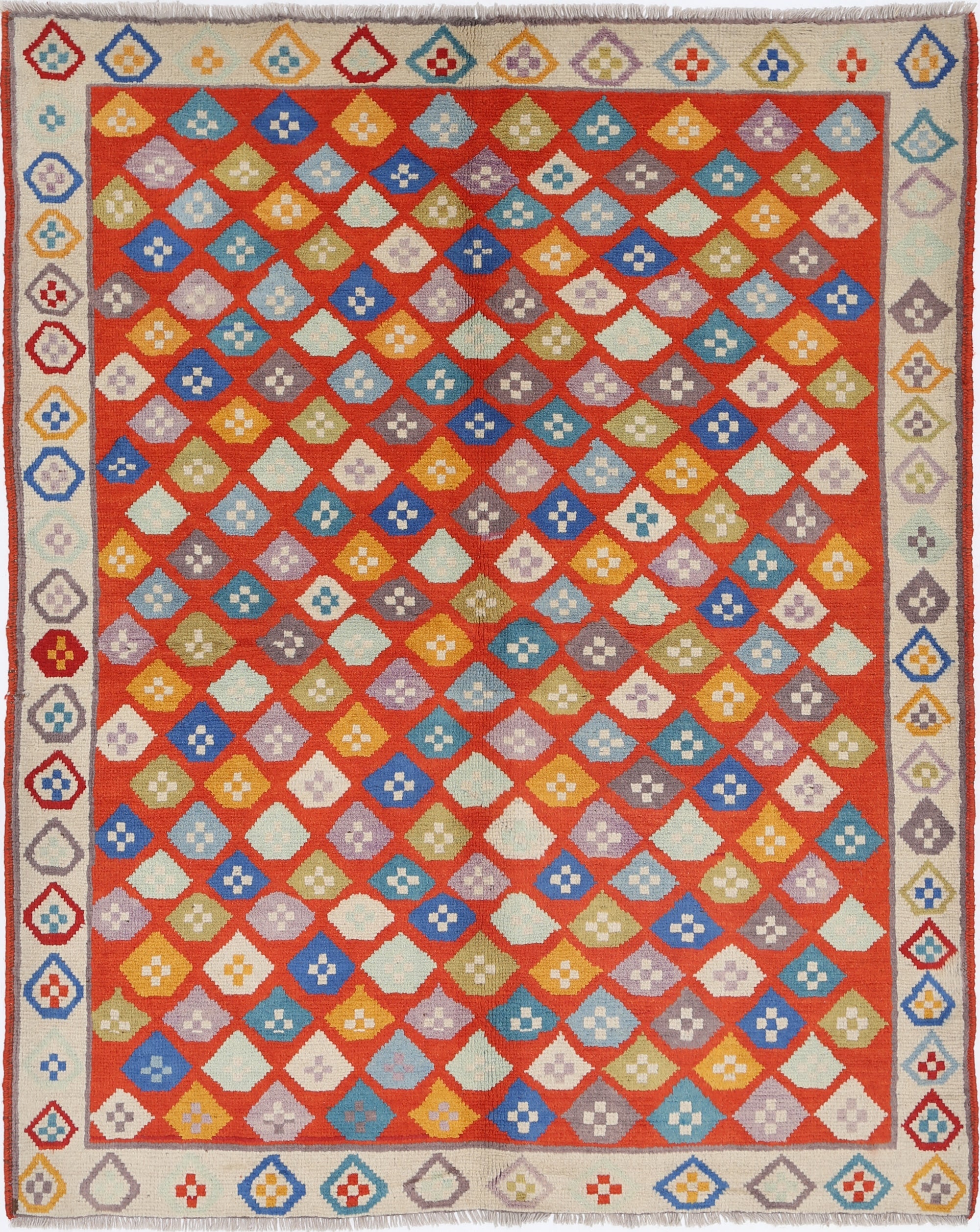 Red Hand-Knotted Tribal Geometric Wool Rug - 5'1" x 6'5"