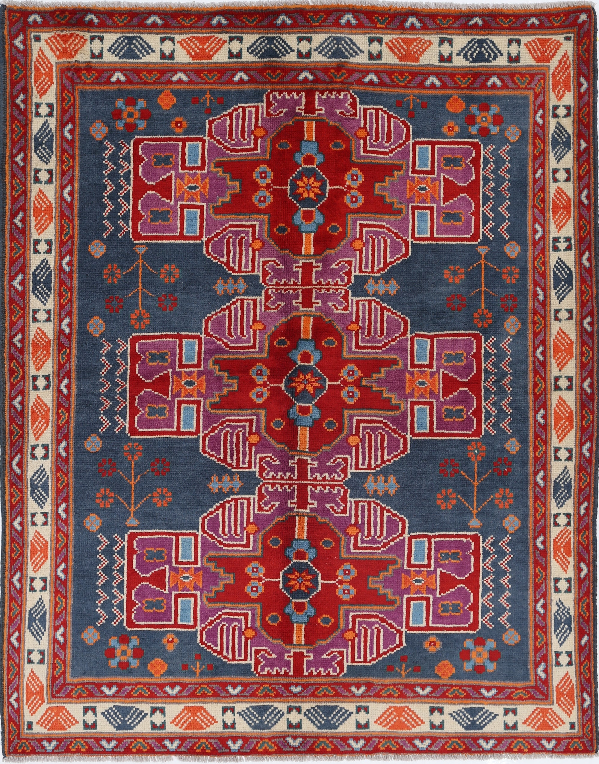 Grey Hand-Knotted Tribal Geometric Wool Rug - 5'2" x 6'9"
