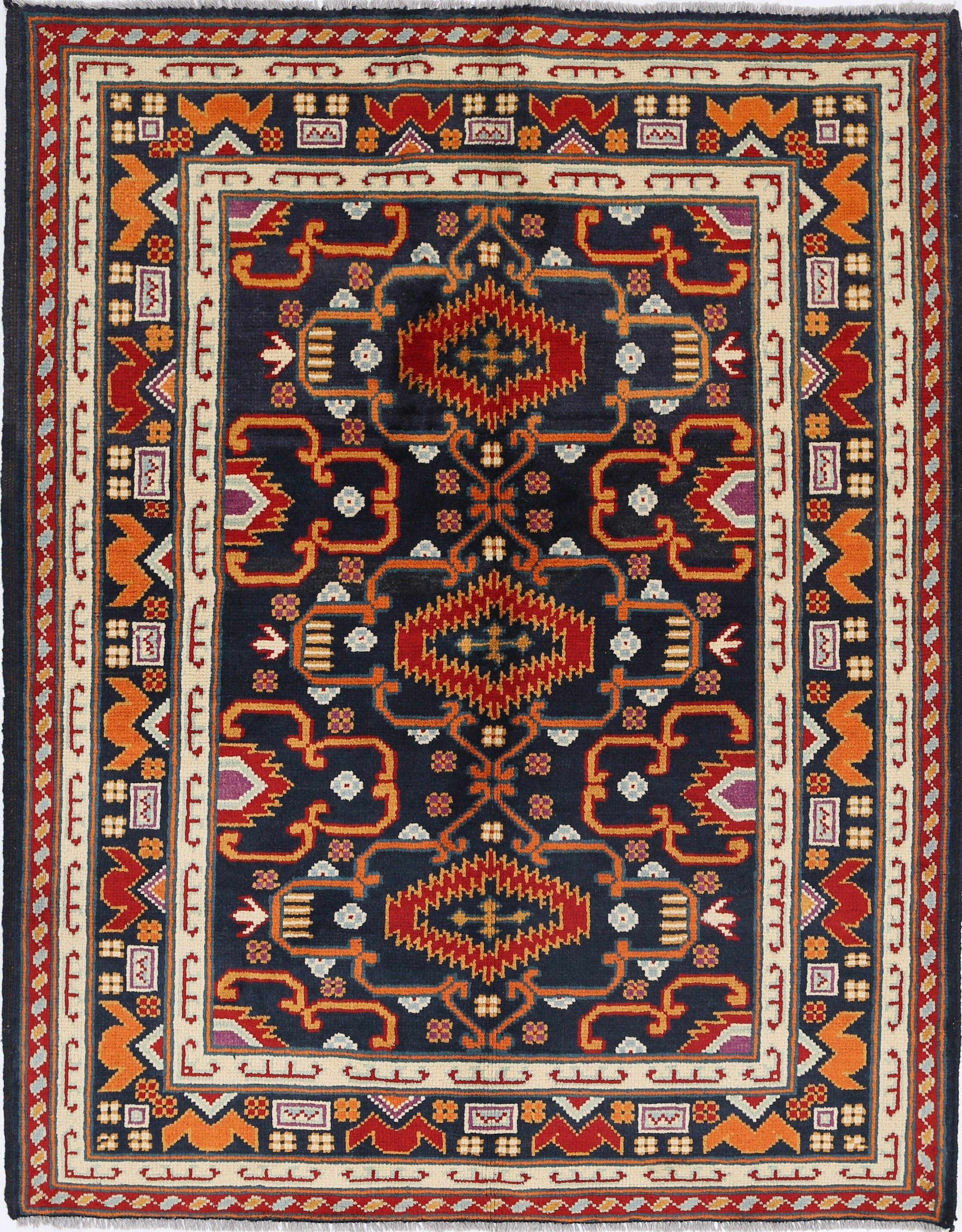 Black Hand-Knotted Tribal Geometric Wool Rug - 4'10" x 6'4"