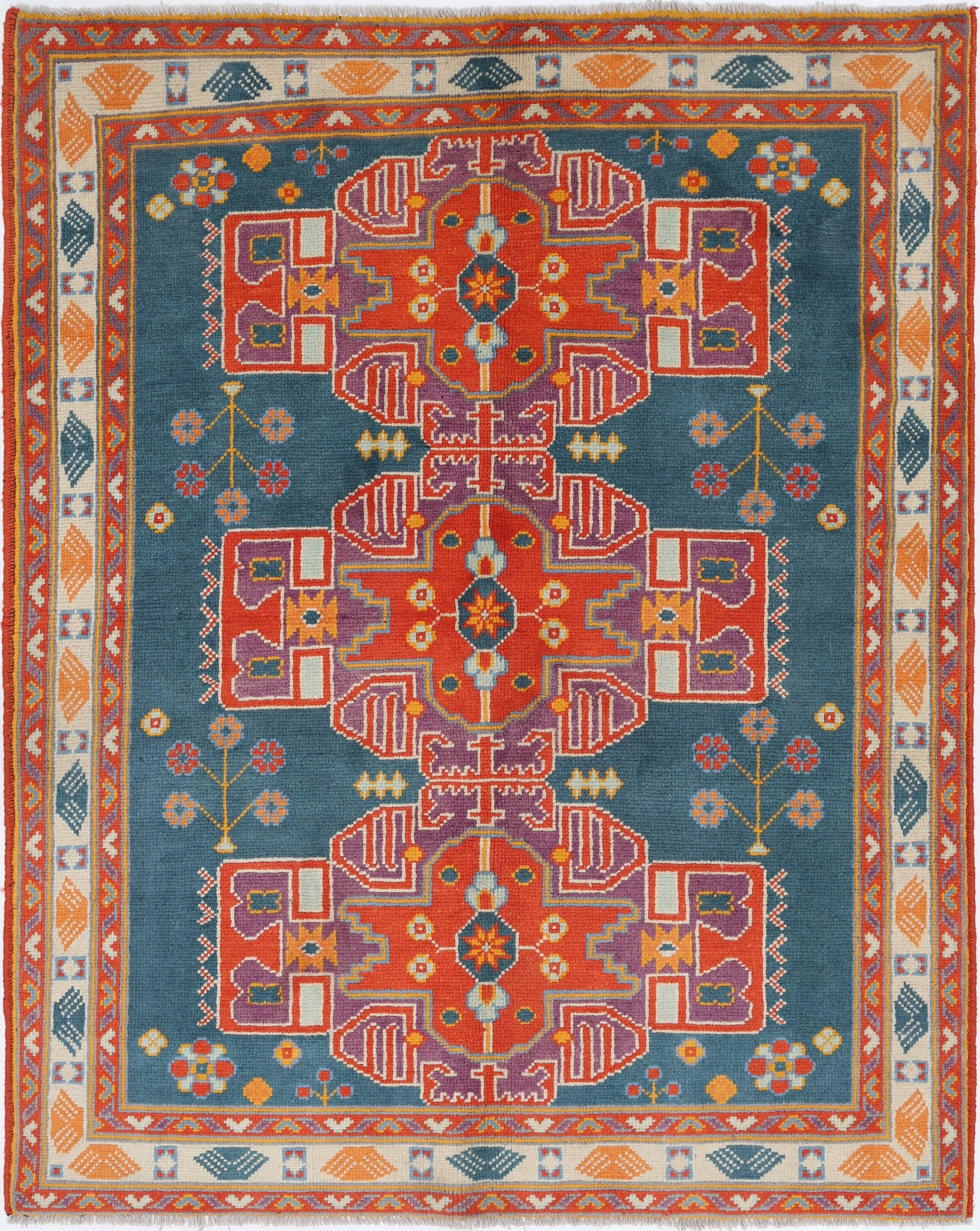 Teal Hand-Knotted Tribal Geometric Wool Rug - 5'1" x 6'6"