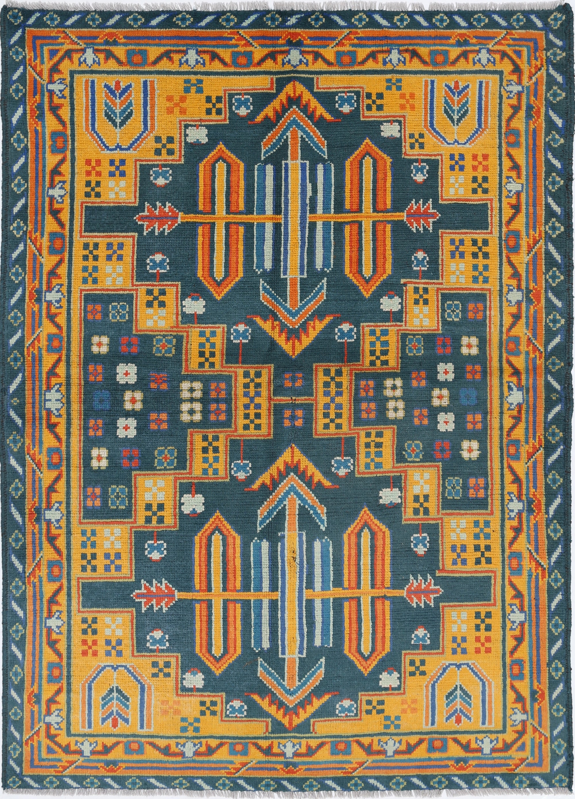 Green Hand-Knotted Tribal Geometric Wool Rug - 4'10" x 6'10"