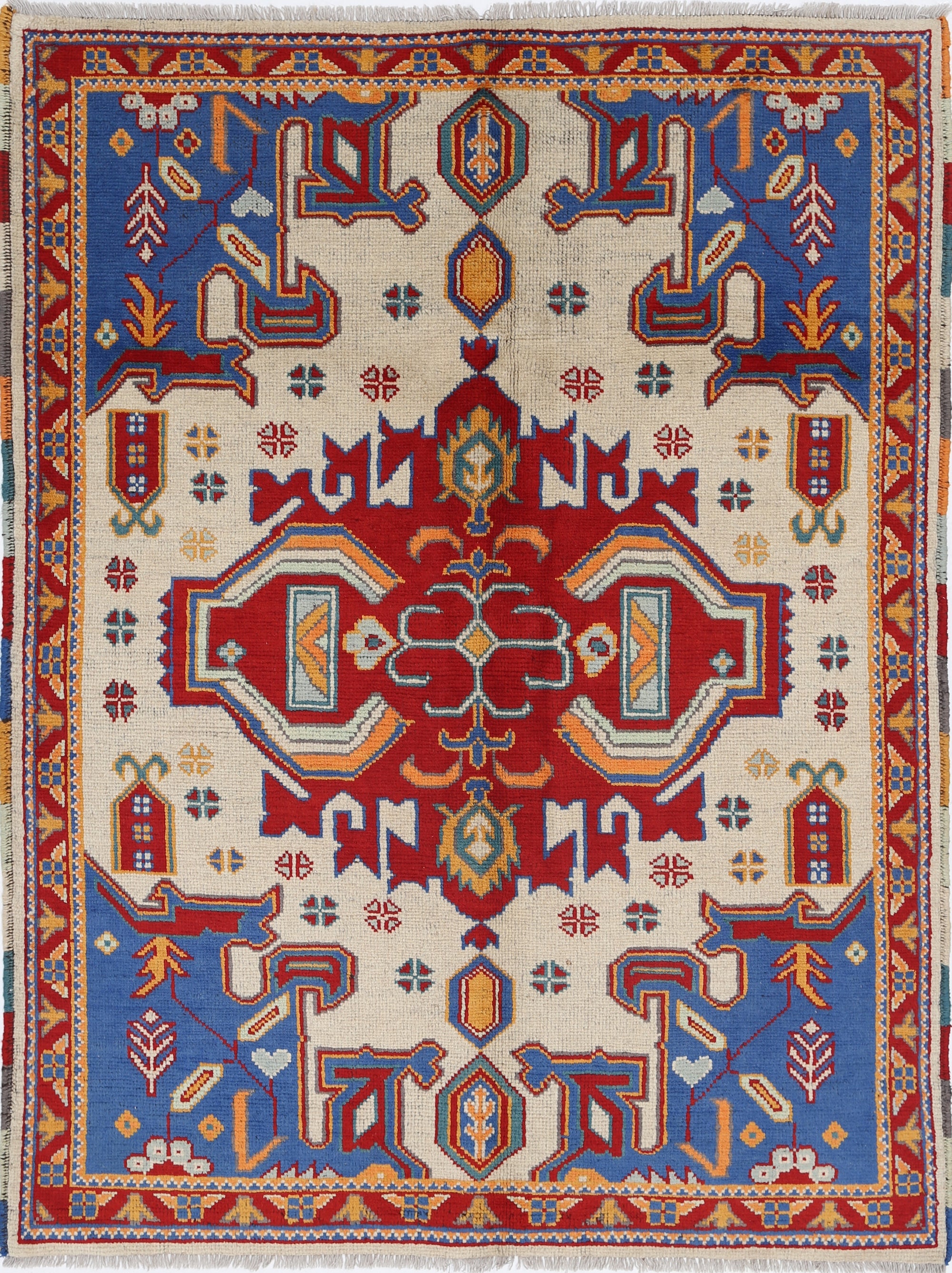 Ivory Hand-Knotted Tribal Geometric Wool Rug - 4'9" x 6'4"