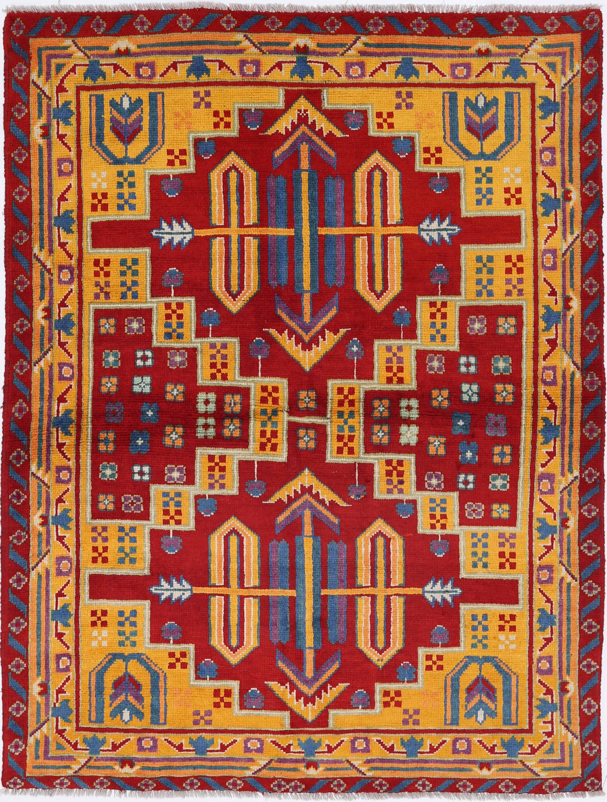 Red Hand-Knotted Tribal Geometric Wool Rug - 4'10" x 6'4"
