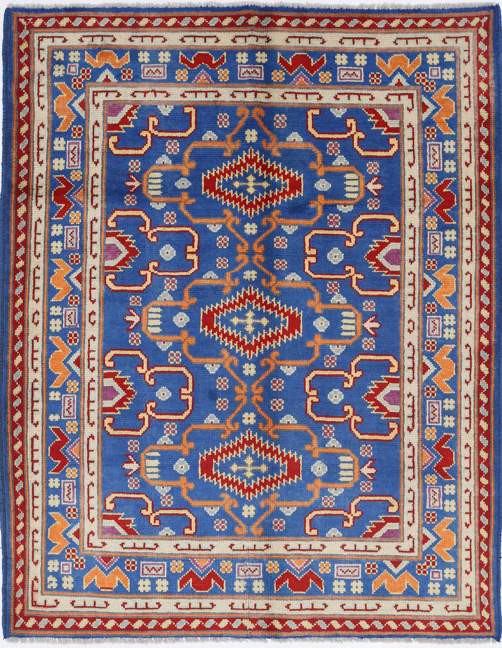 Blue Hand-Knotted Tribal Geometric Wool Rug - 5'0" x 6'6"