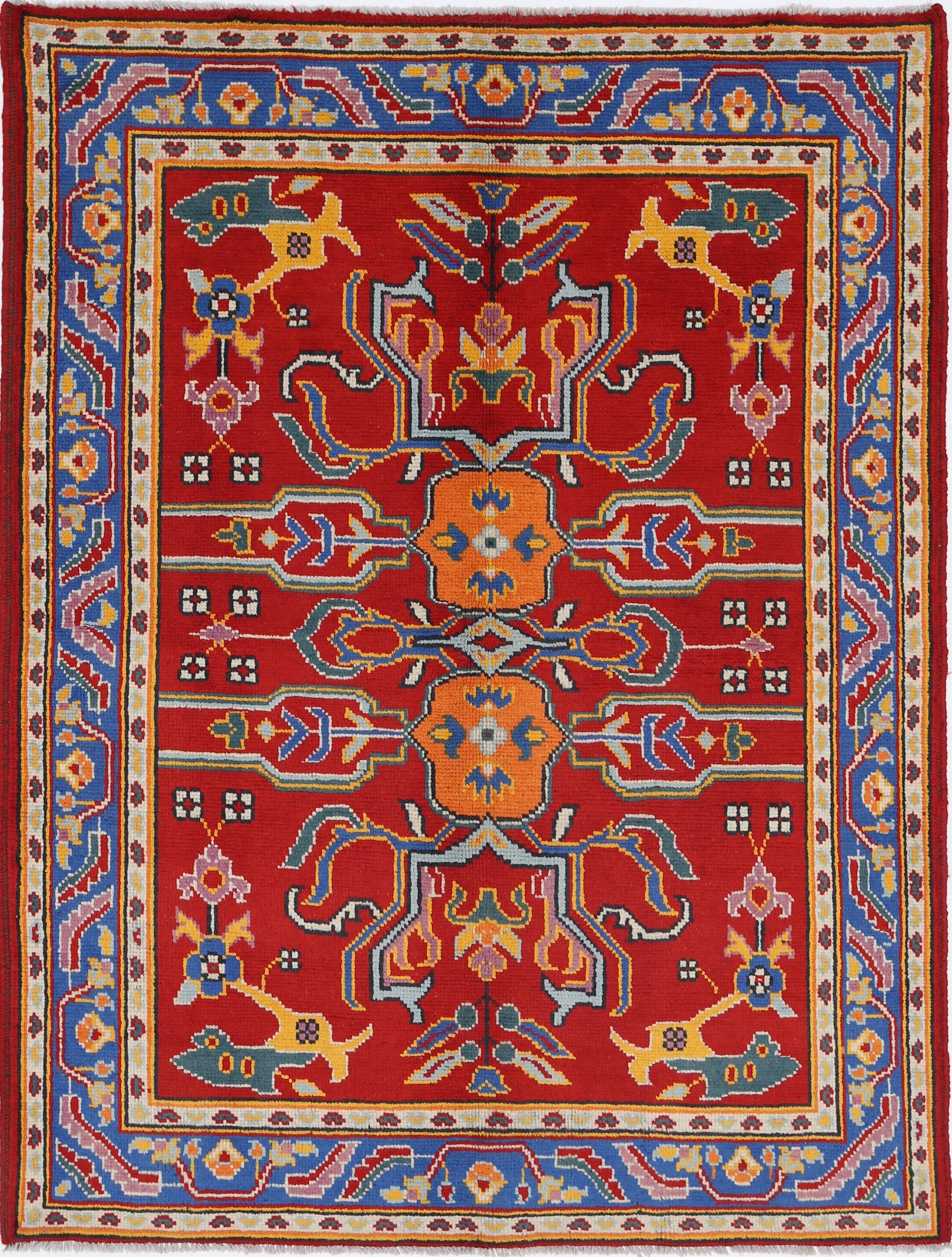 Red Hand-Knotted Tribal Geometric Wool Rug - 4'11" x 6'8"