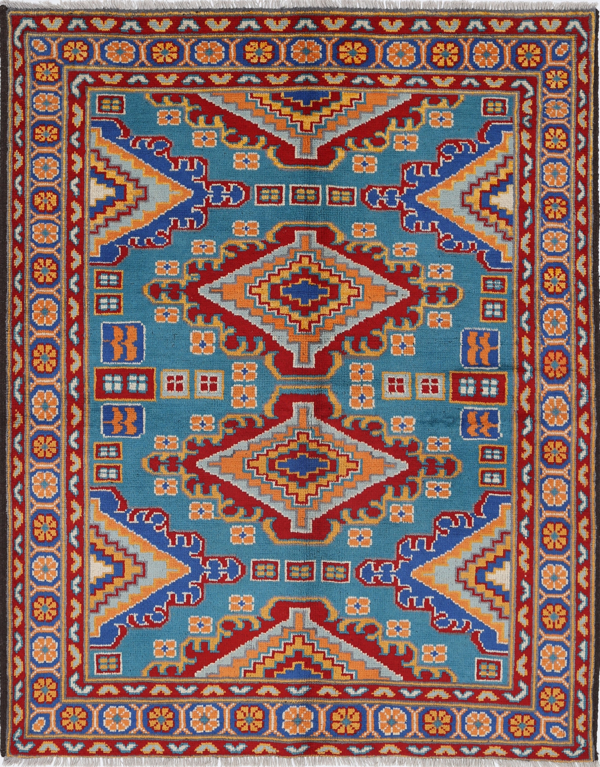 Teal Hand-Knotted Tribal Geometric Wool Rug - 5'1" x 6'5"