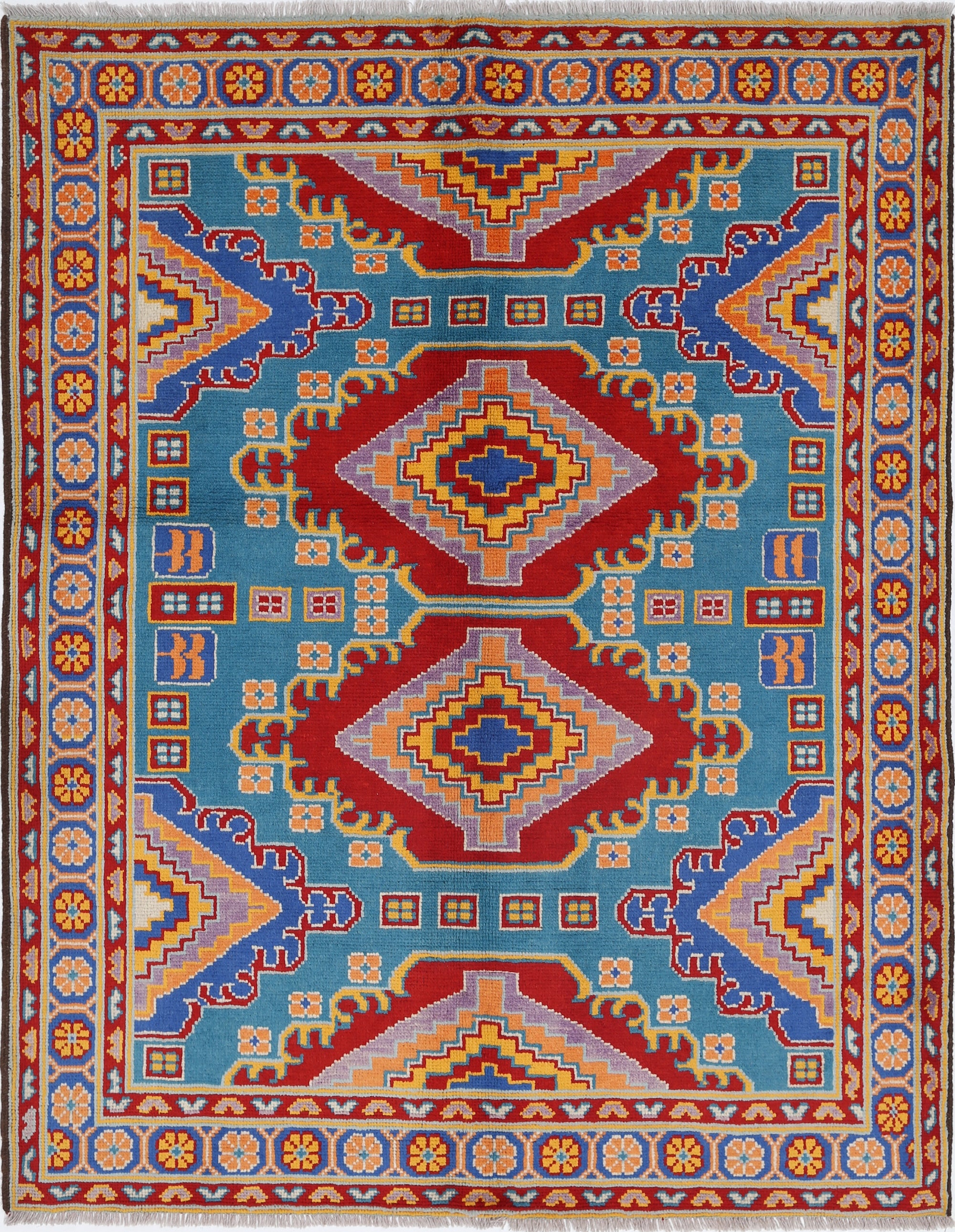 Teal Hand-Knotted Tribal Geometric Wool Rug - 5'3" x 6'9"