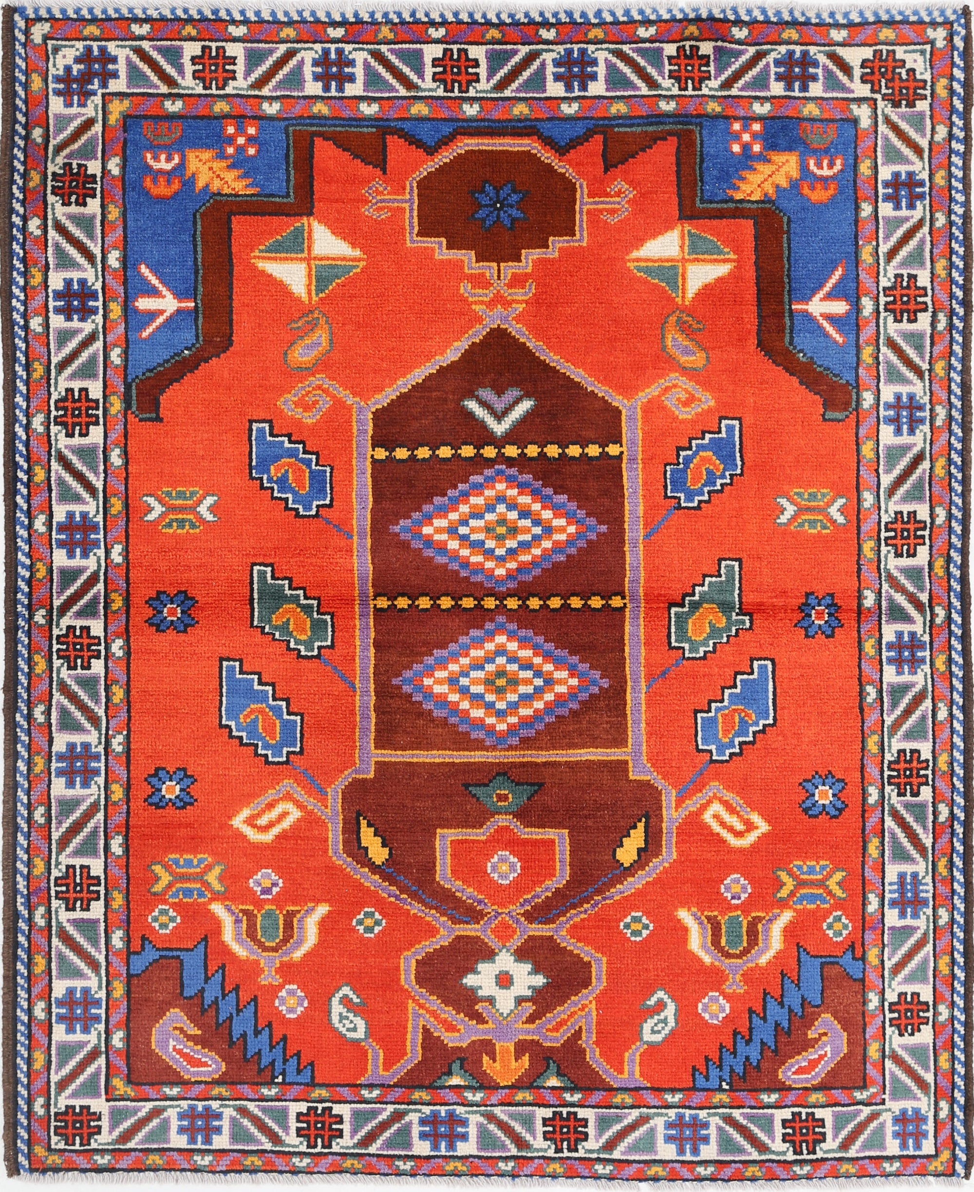 Rust Hand-Knotted Tribal Geometric Wool Rug - 5'0" x 6'4"