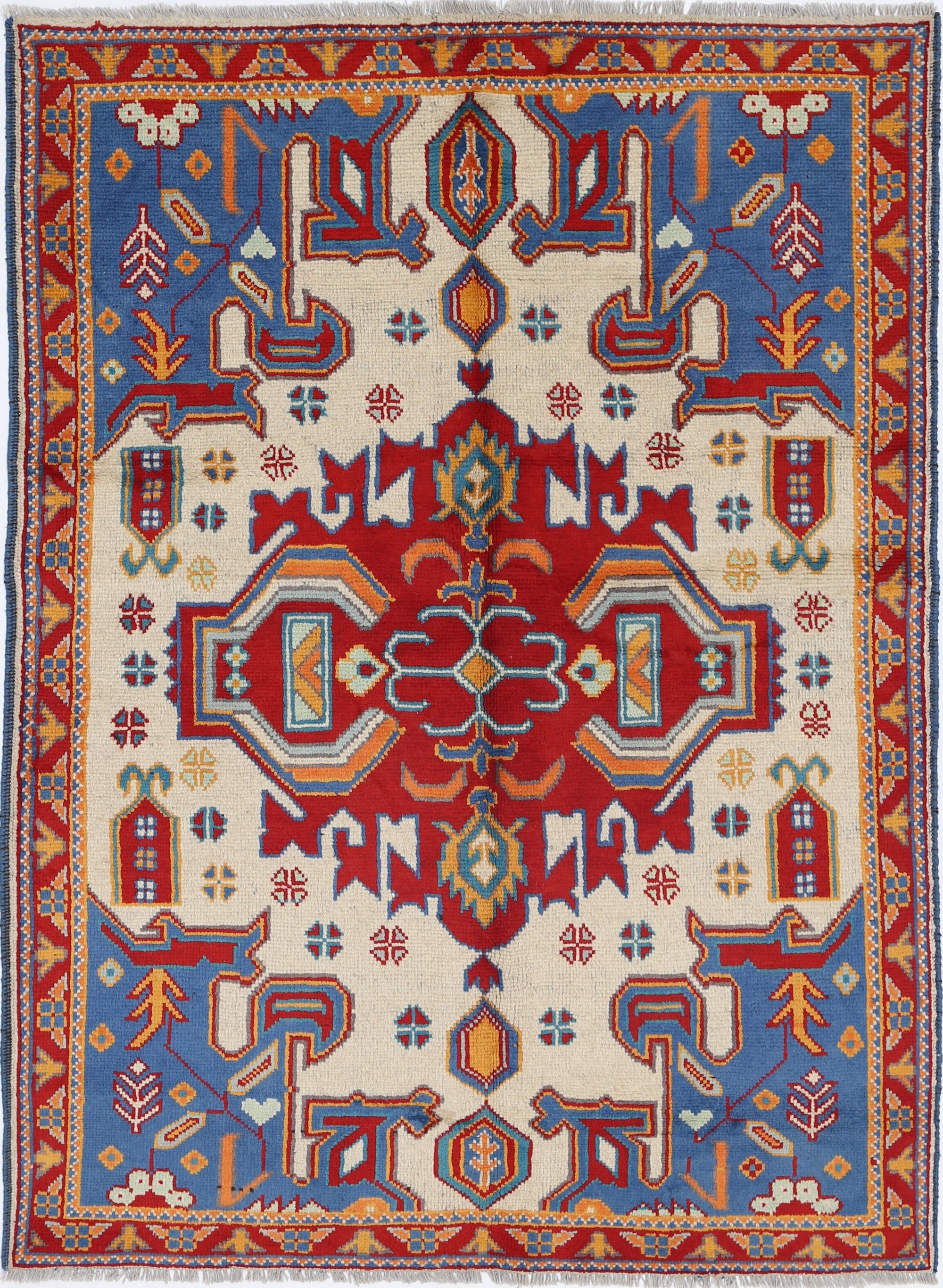 Ivory Hand-Knotted Tribal Geometric Wool Rug - 4'9" x 6'8"