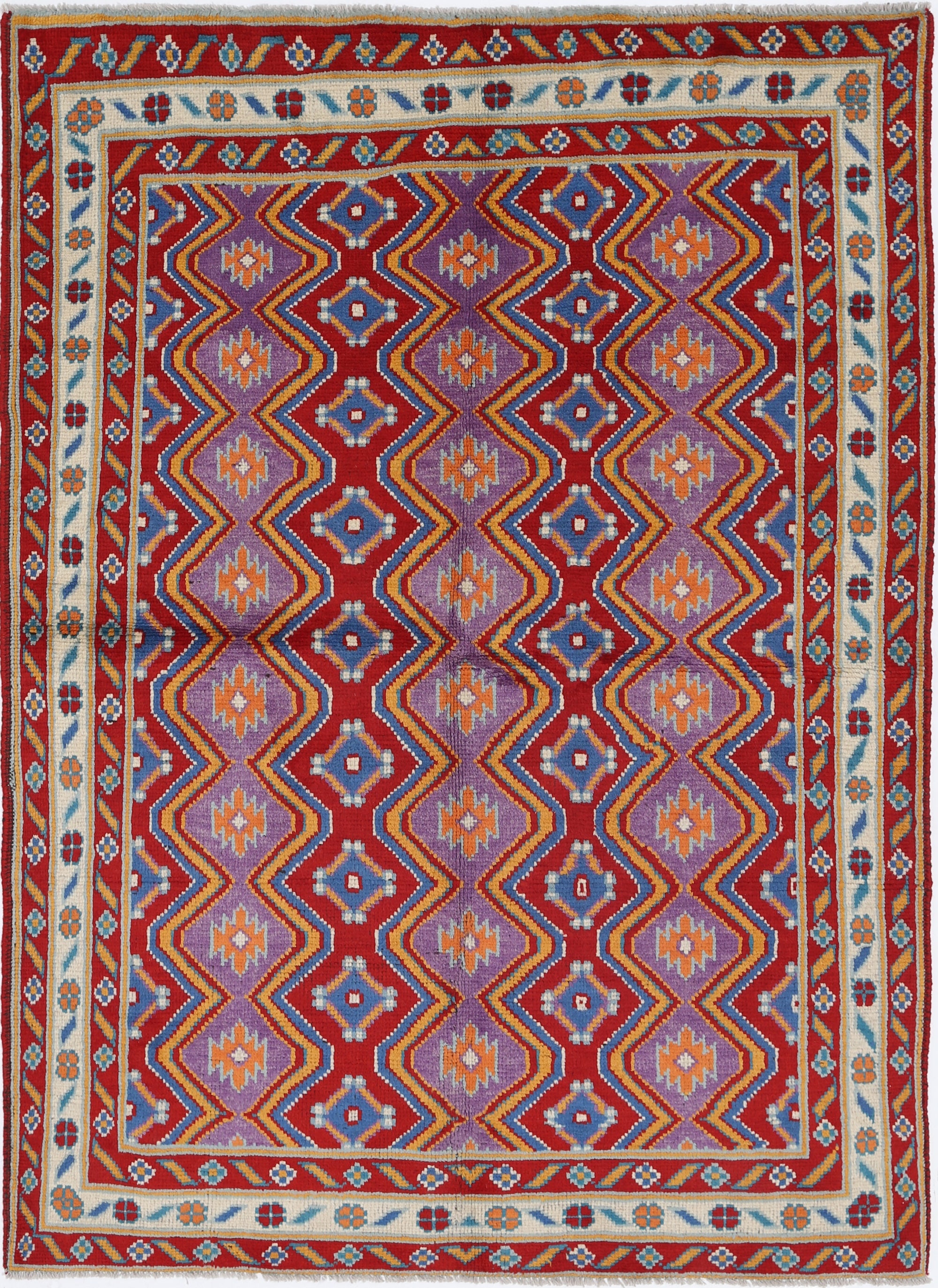 Purple Hand-Knotted Tribal Geometric Wool Rug - 4'10" x 6'9"