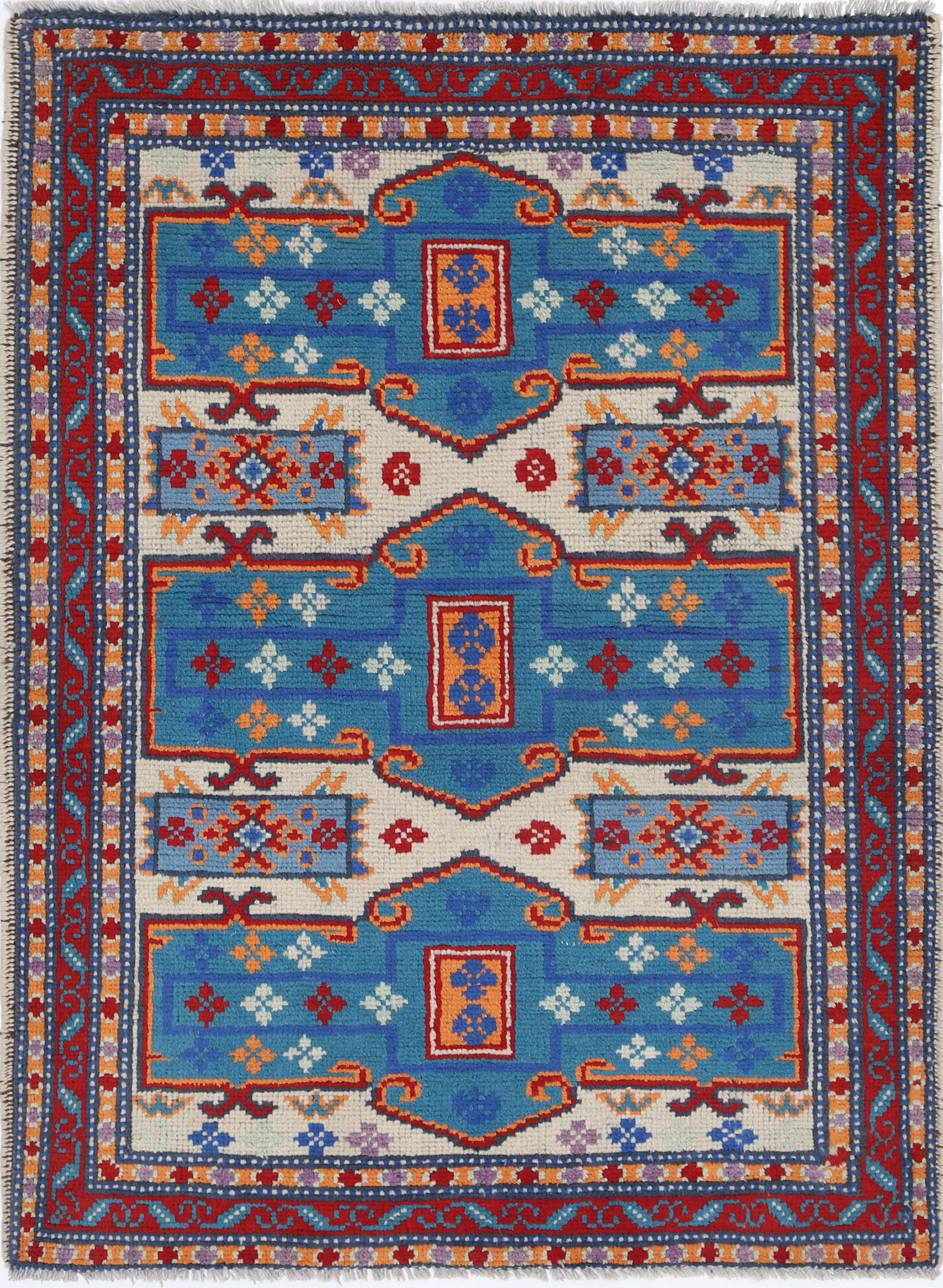 Ivory Hand-Knotted Tribal Geometric Wool Rug - 3'8" x 4'11"