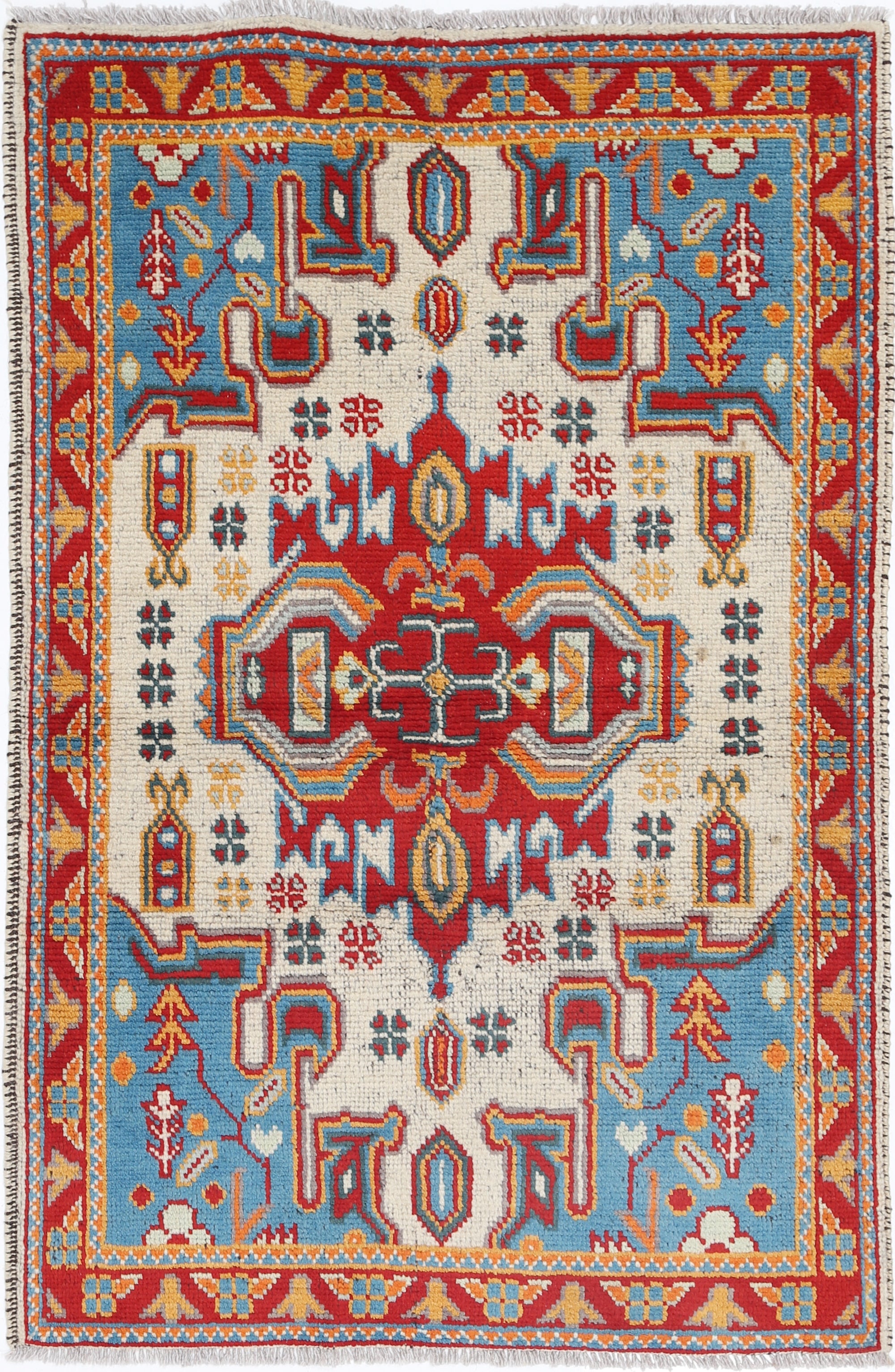 Ivory Hand-Knotted Tribal Geometric Wool Rug - 3'3" x 5'0"