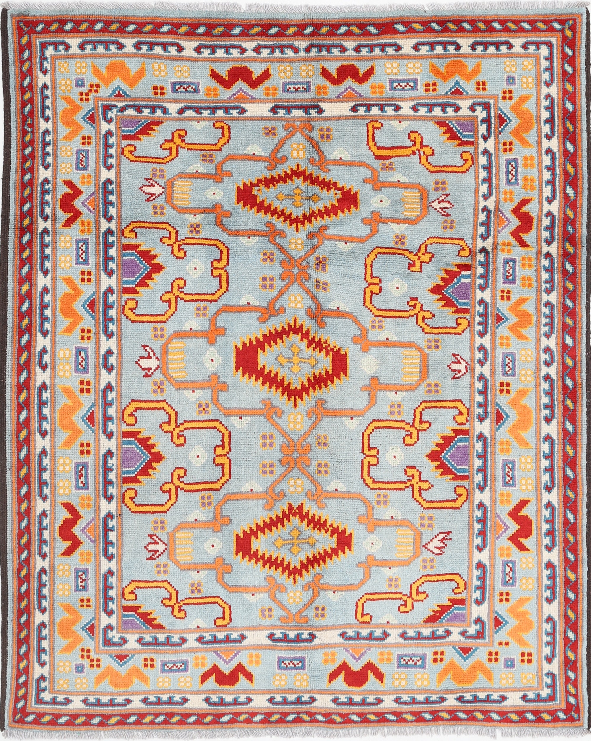 Blue Hand-Knotted Tribal Geometric Wool Rug - 4'11" x 6'3"