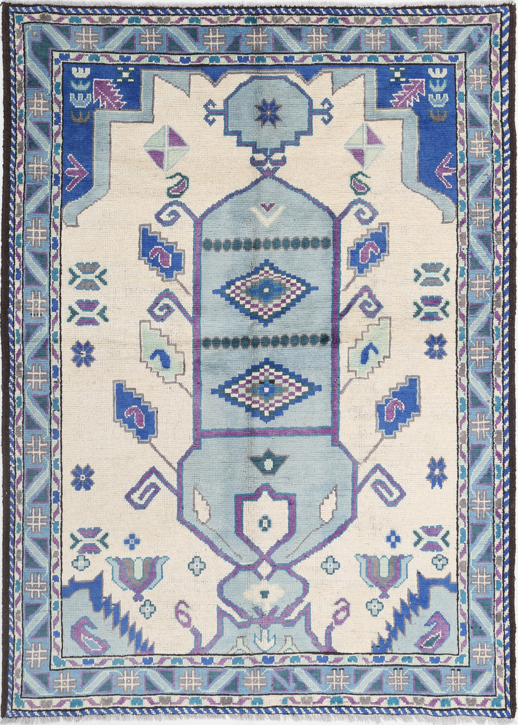 Ivory Hand-Knotted Tribal Geometric Wool Rug - 5'8" x 8'1"