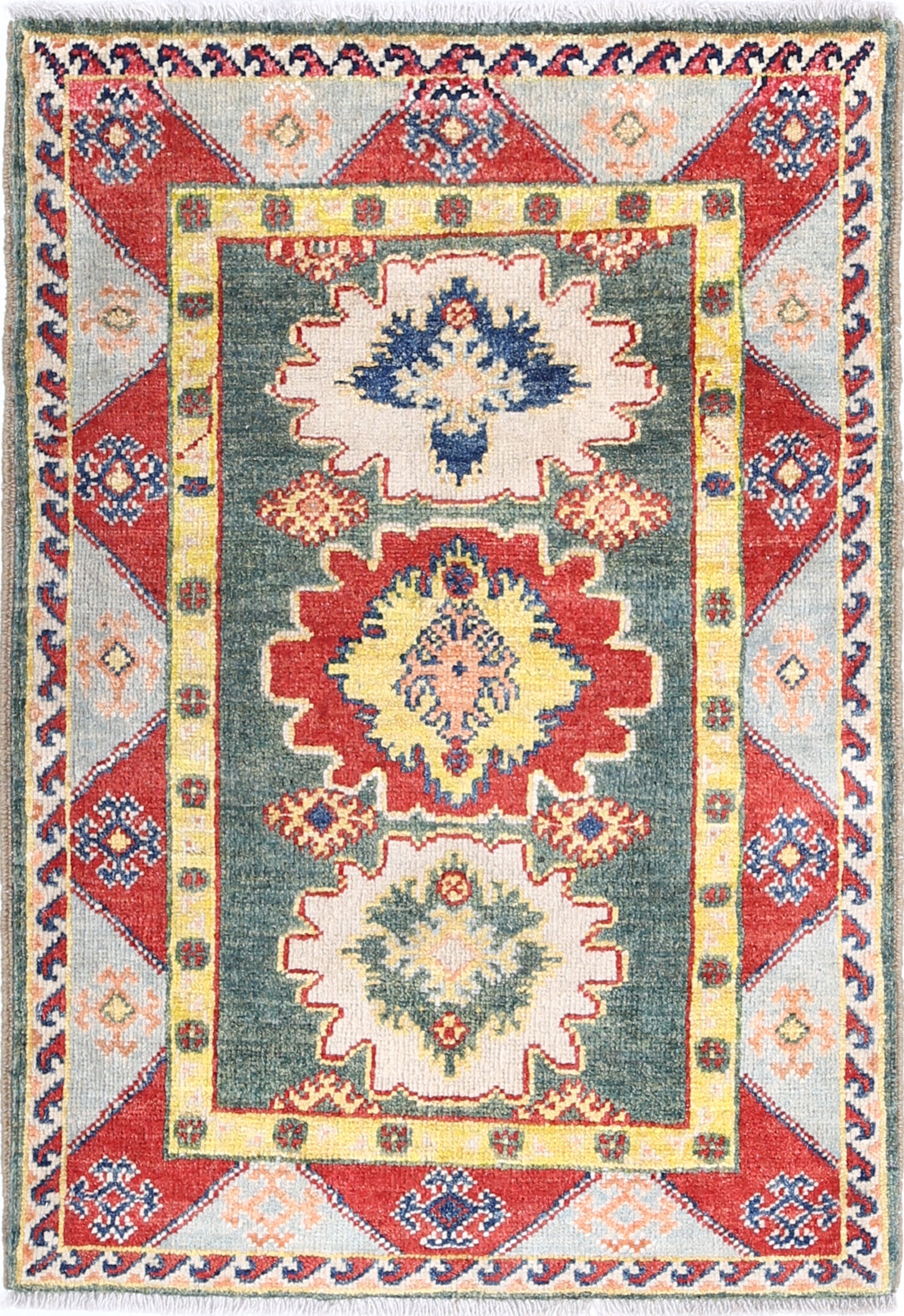 Green Hand-Knotted Distressed Vintage Wool Rug - 2'2" x 3'1"