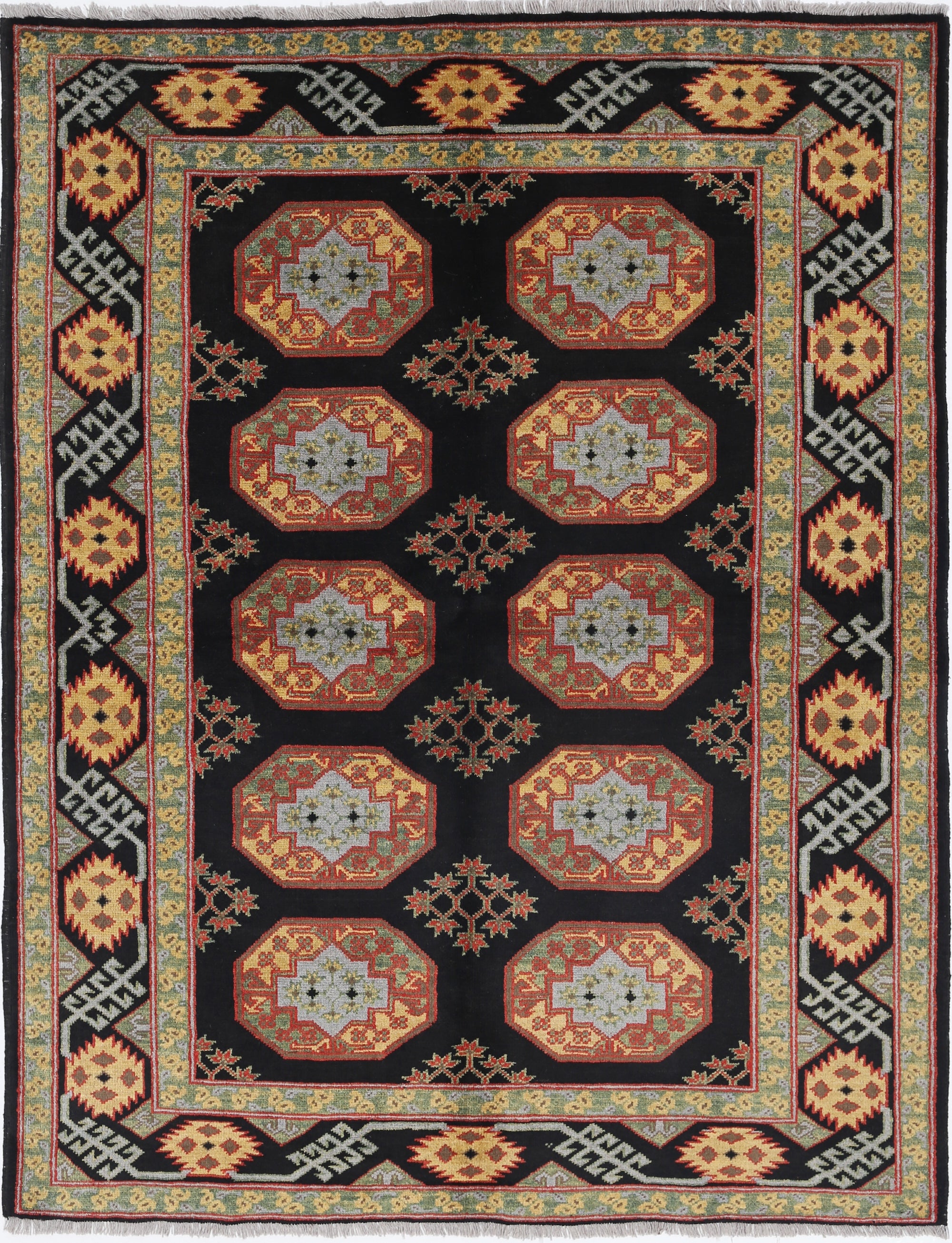 Black Hand-Knotted Distressed Vintage Wool Rug - 5'1" x 6'6"