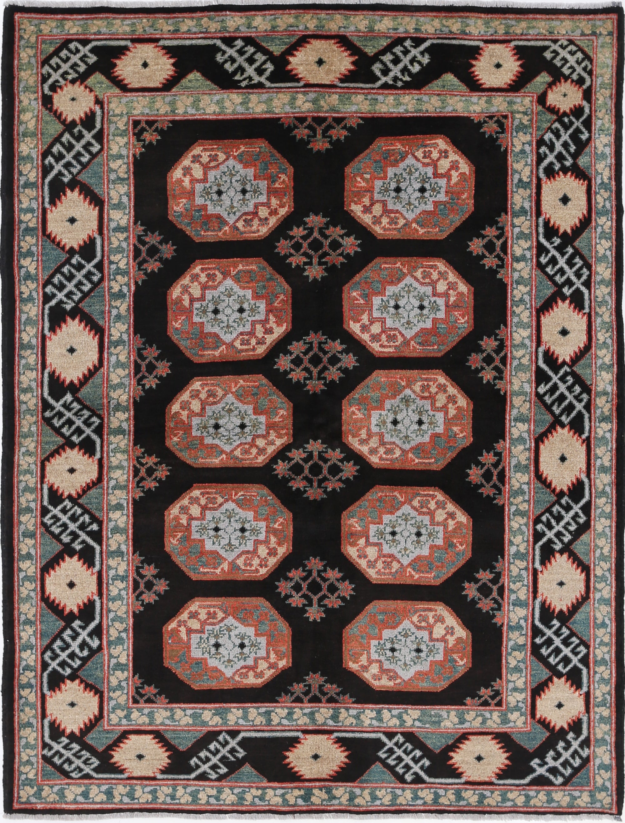 Black Hand-Knotted Distressed Vintage Wool Rug - 5'0" x 6'8"