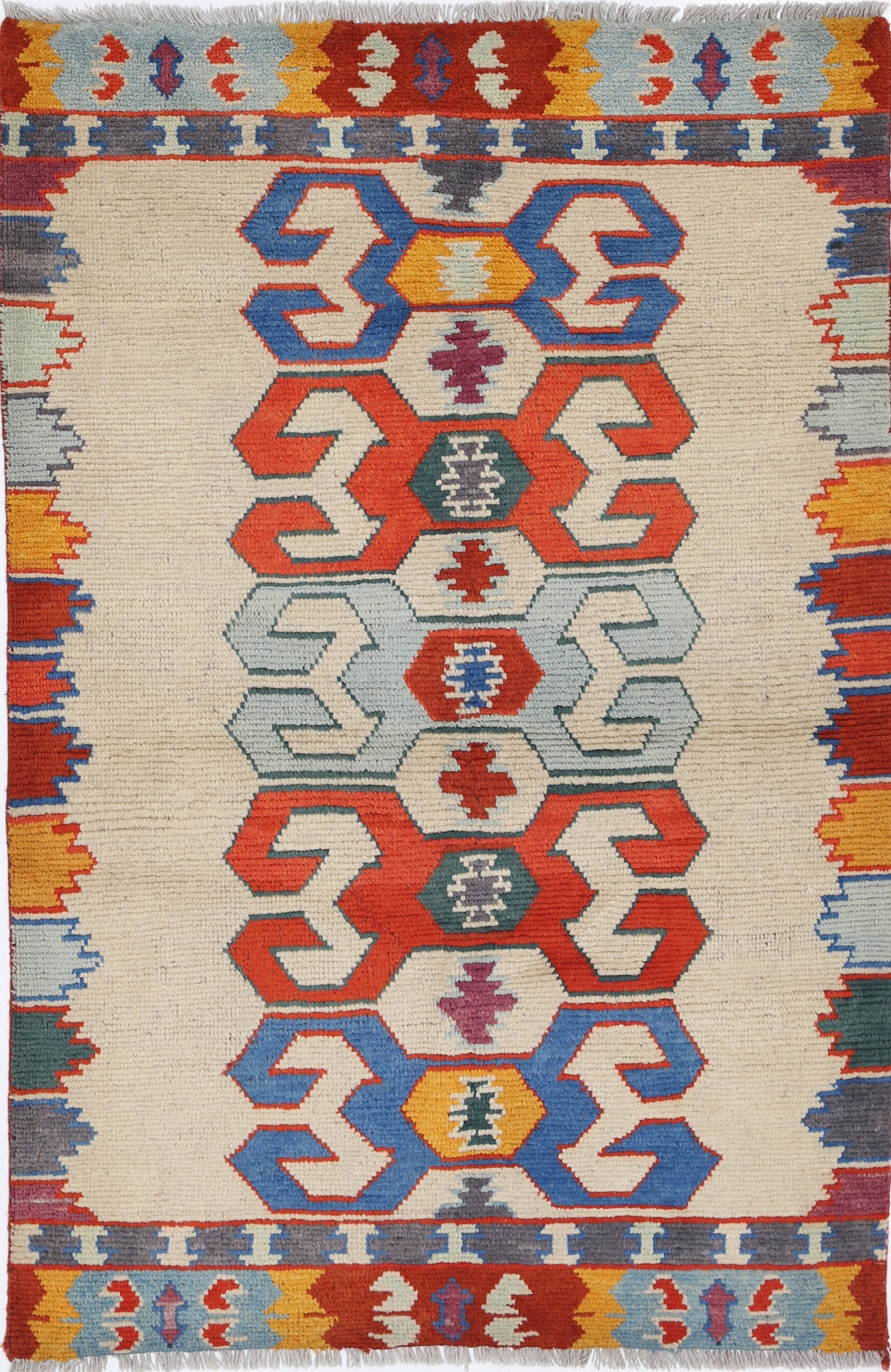 Ivory Hand-Knotted Tribal Geometric Wool Rug - 3'4" x 4'11"