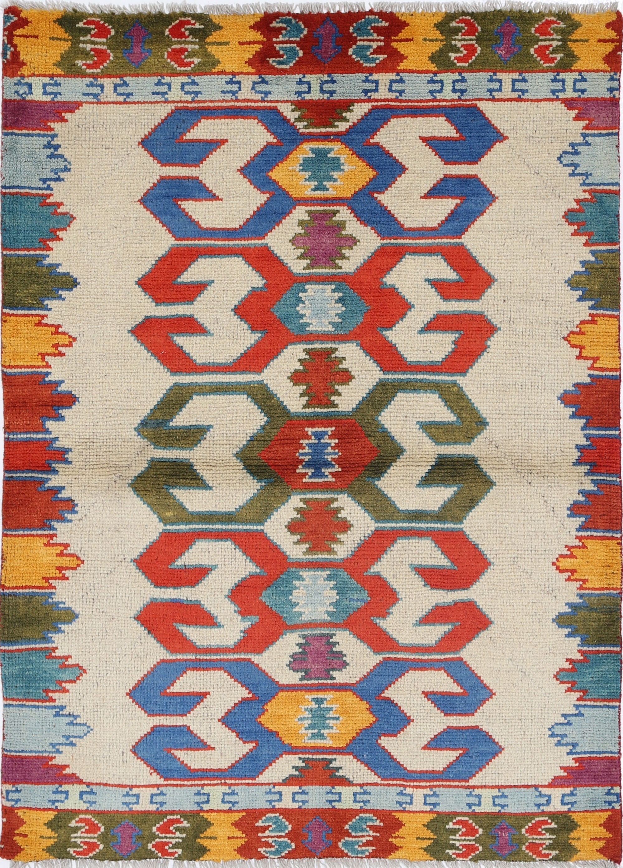 Ivory Hand-Knotted Tribal Geometric Wool Rug - 3'5" x 4'8"